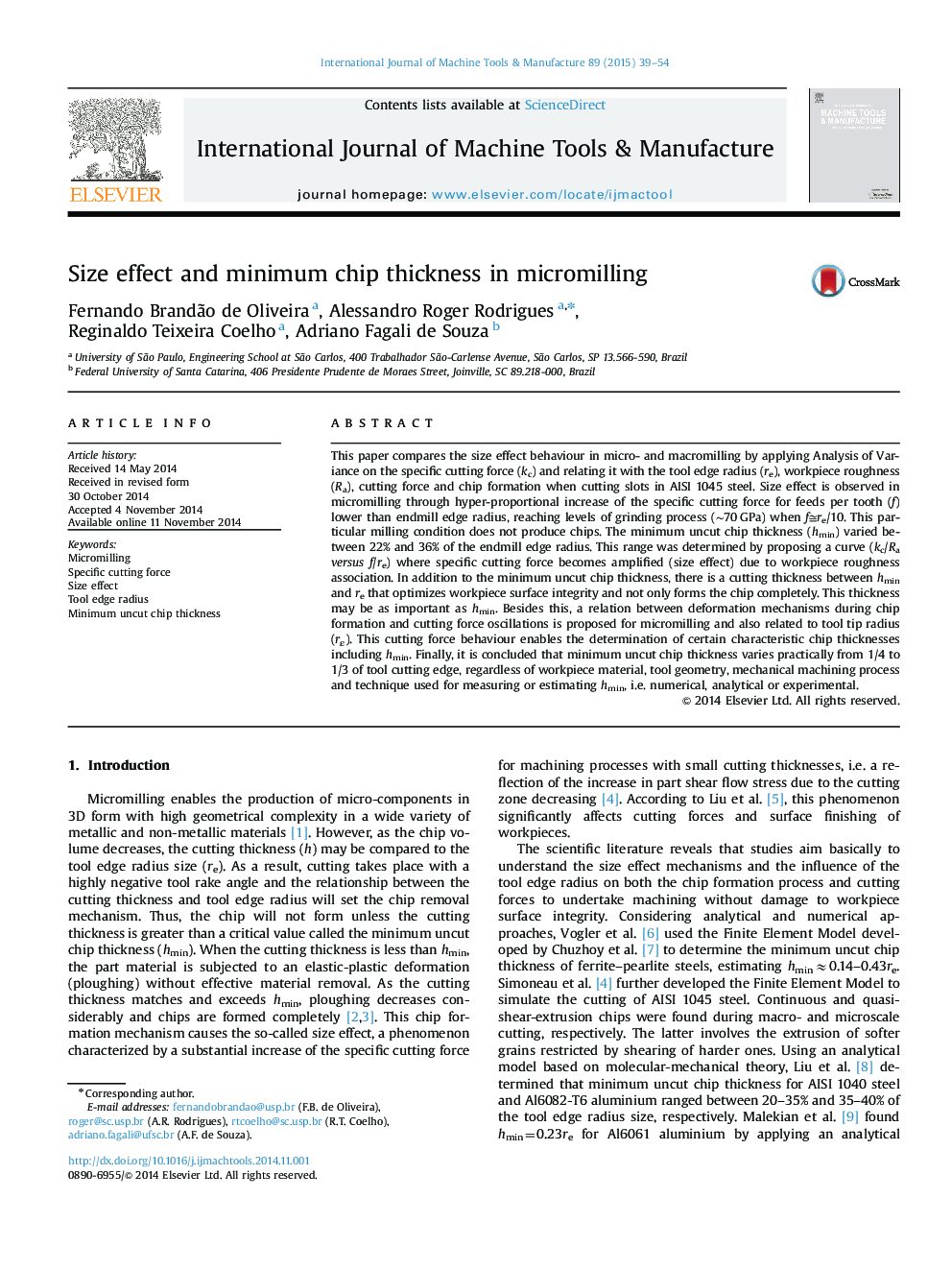 Size effect and minimum chip thickness in micromilling