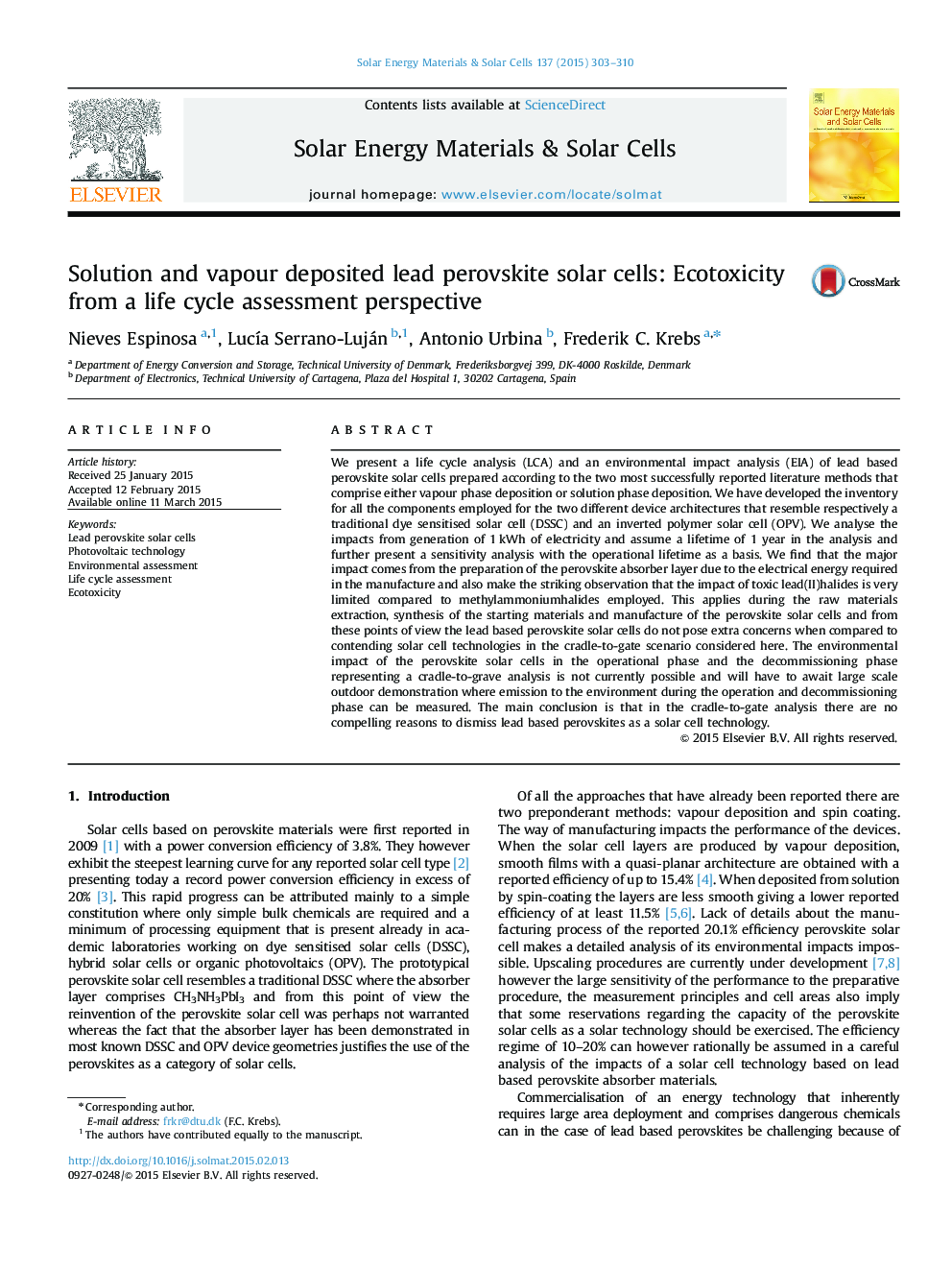 Solution and vapour deposited lead perovskite solar cells: Ecotoxicity from a life cycle assessment perspective