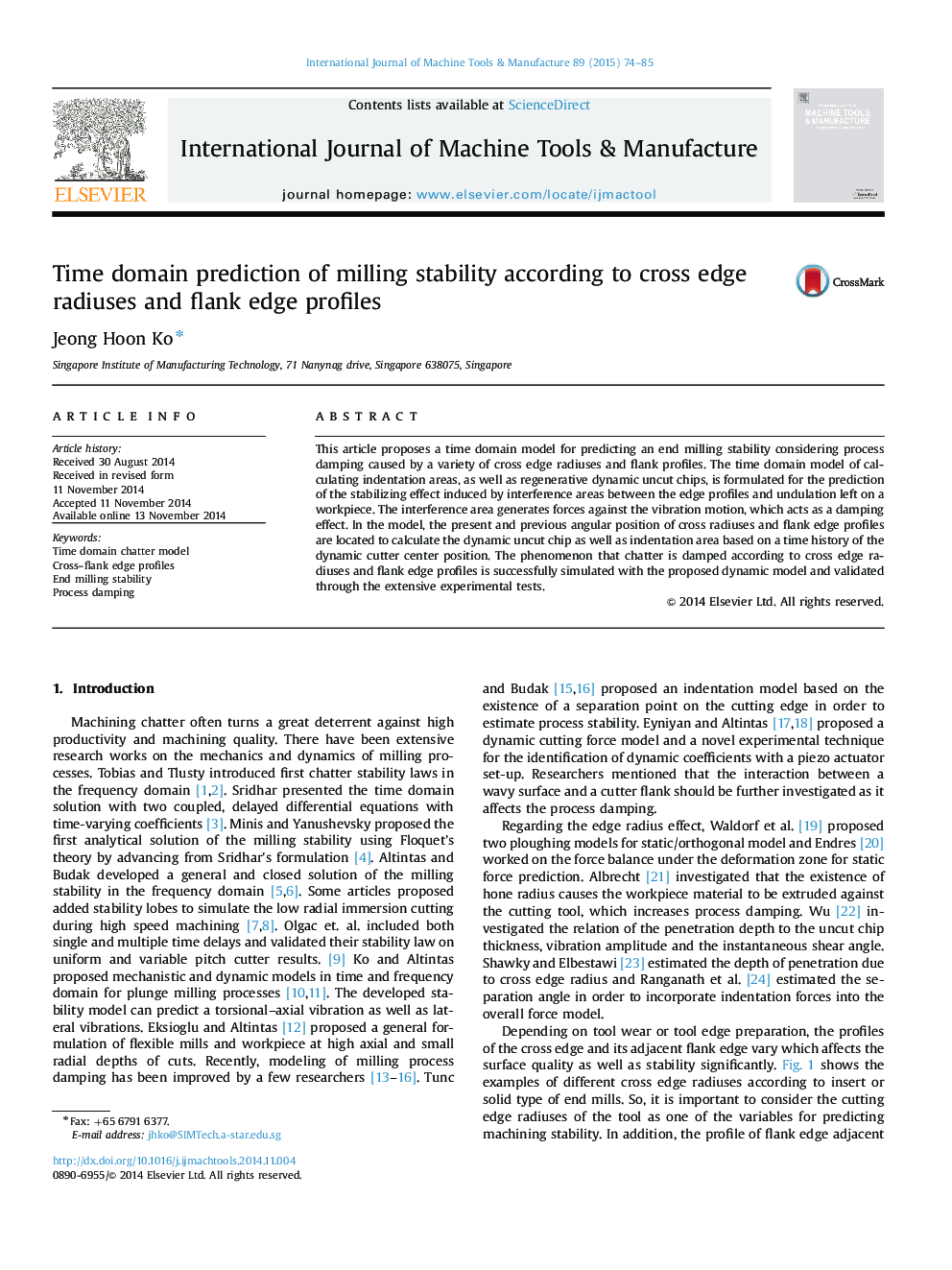 Time domain prediction of milling stability according to cross edge radiuses and flank edge profiles