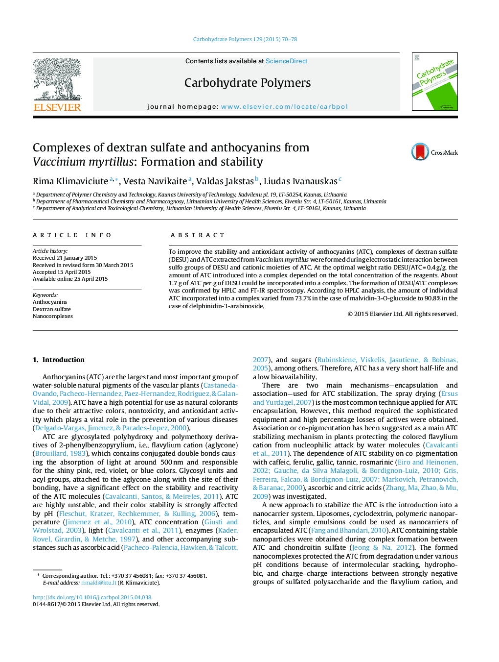 Complexes of dextran sulfate and anthocyanins from Vaccinium myrtillus: Formation and stability