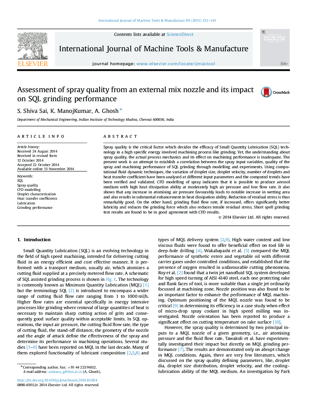 Assessment of spray quality from an external mix nozzle and its impact on SQL grinding performance