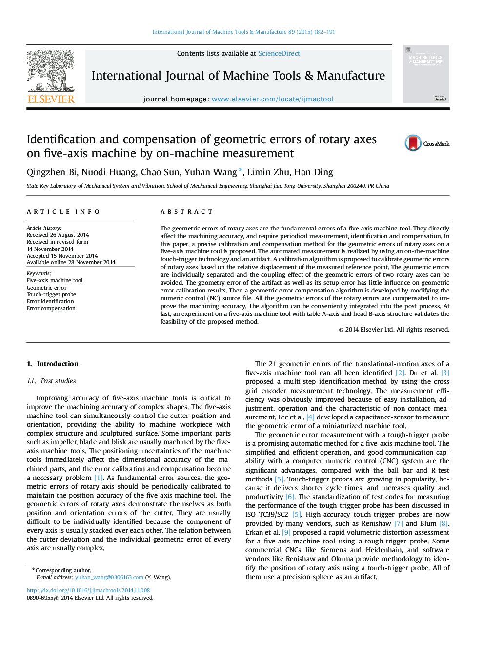 Identification and compensation of geometric errors of rotary axes on five-axis machine by on-machine measurement