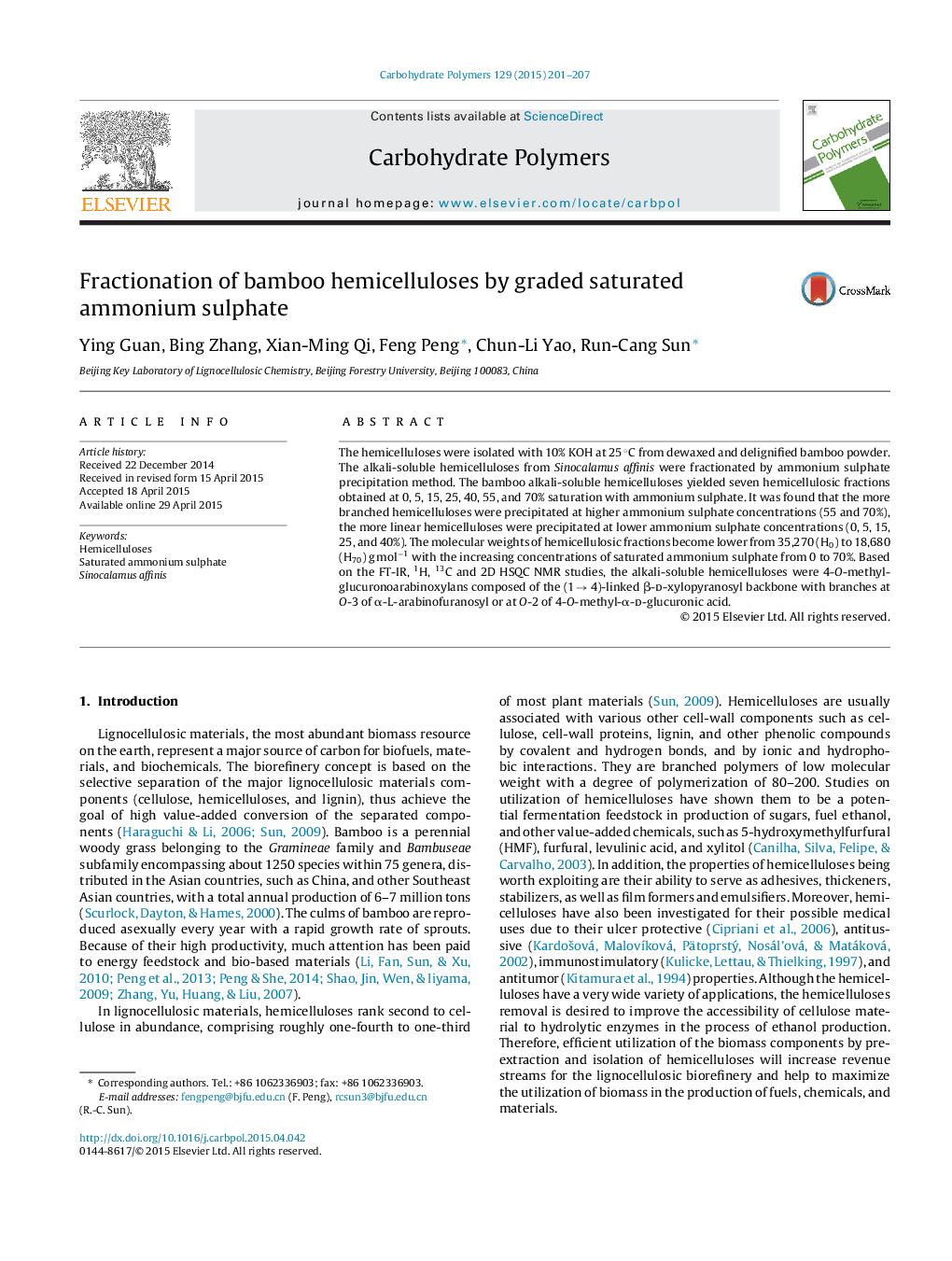 Fractionation of bamboo hemicelluloses by graded saturated ammonium sulphate