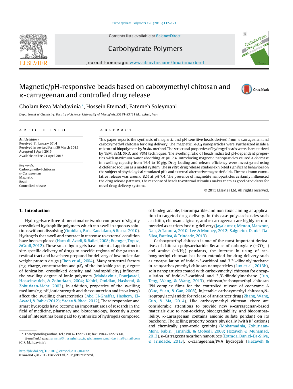 Magnetic/pH-responsive beads based on caboxymethyl chitosan and Îº-carrageenan and controlled drug release