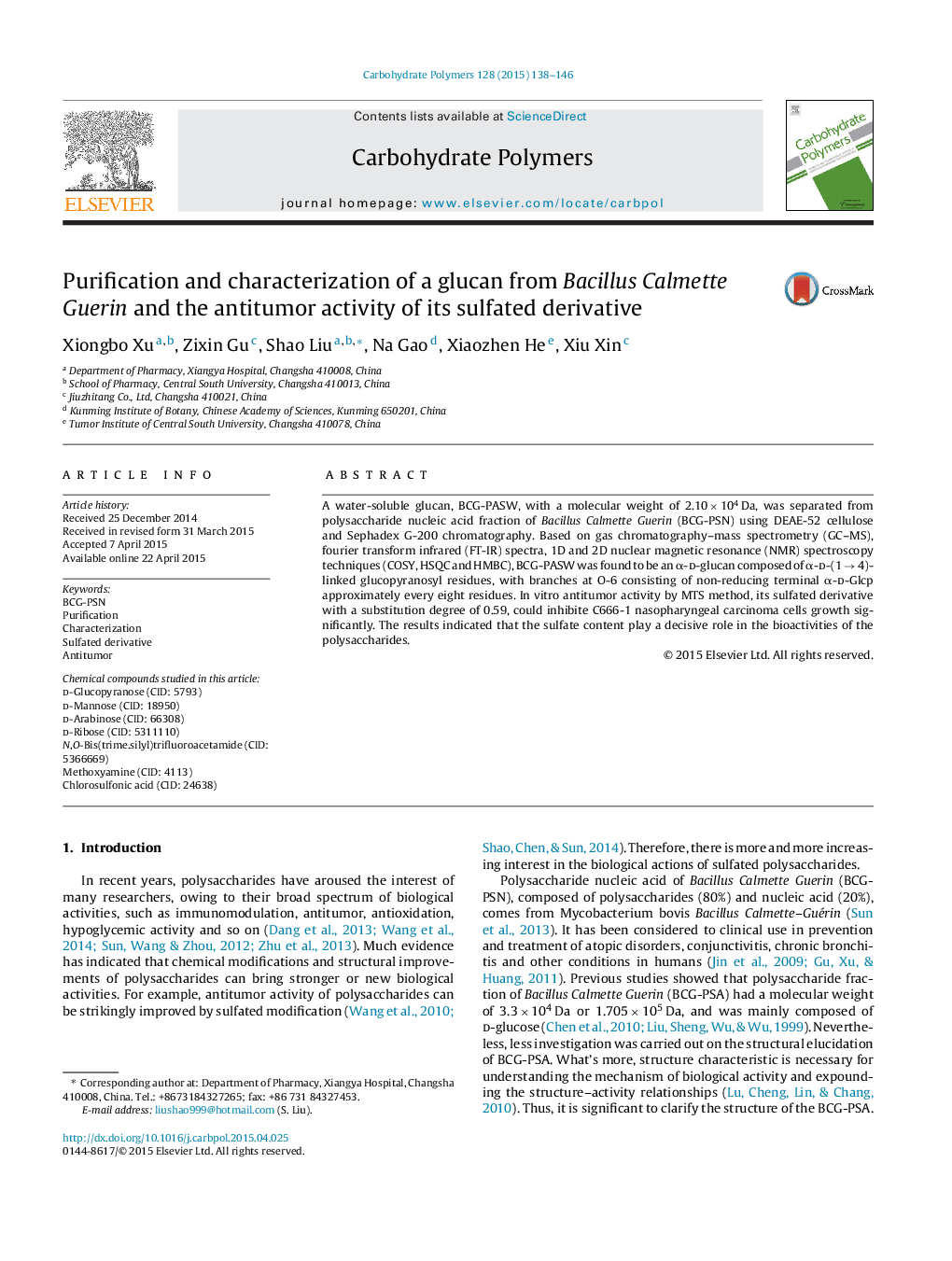 Purification and characterization of a glucan from Bacillus Calmette Guerin and the antitumor activity of its sulfated derivative