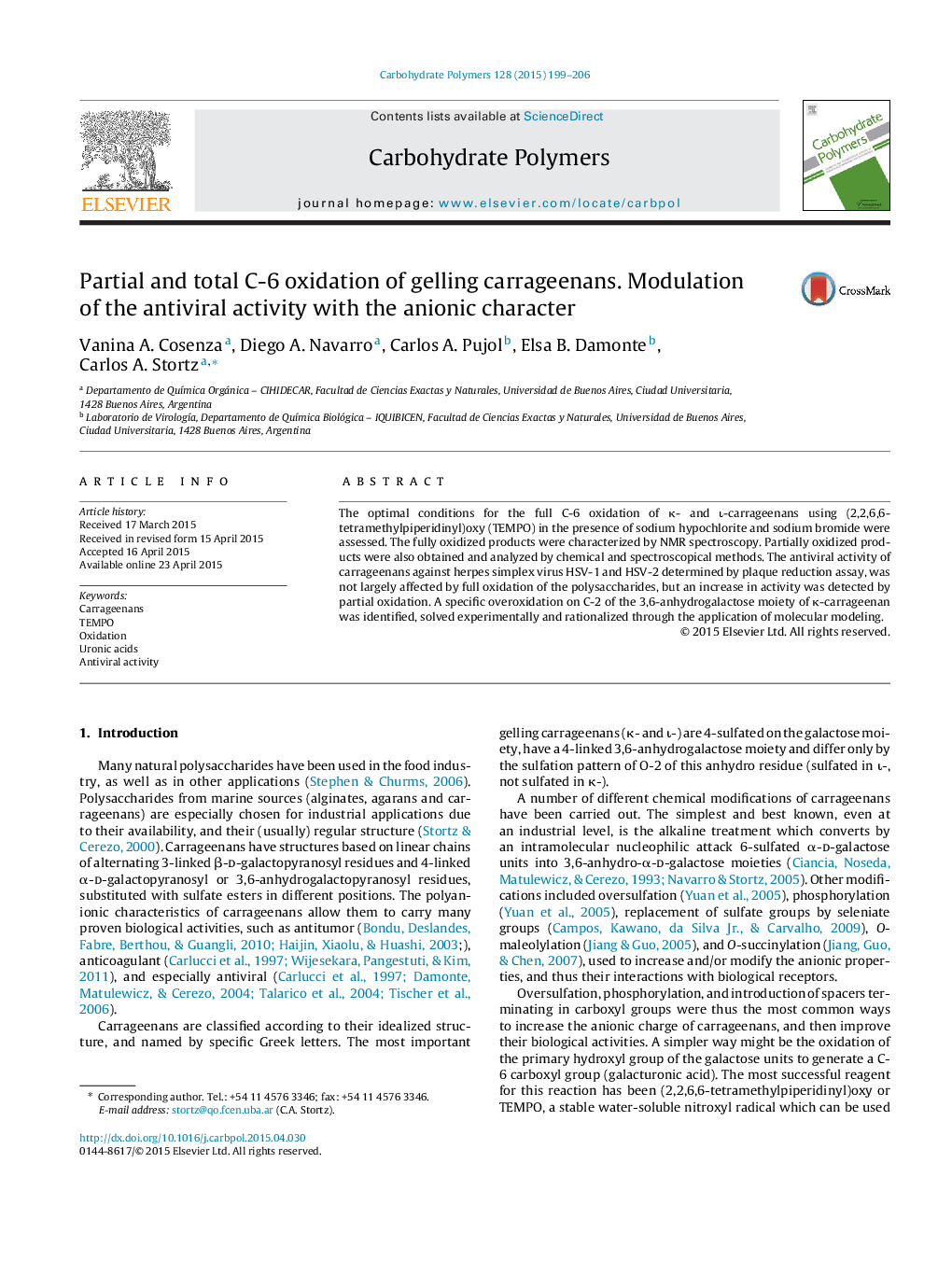 Partial and total C-6 oxidation of gelling carrageenans. Modulation of the antiviral activity with the anionic character