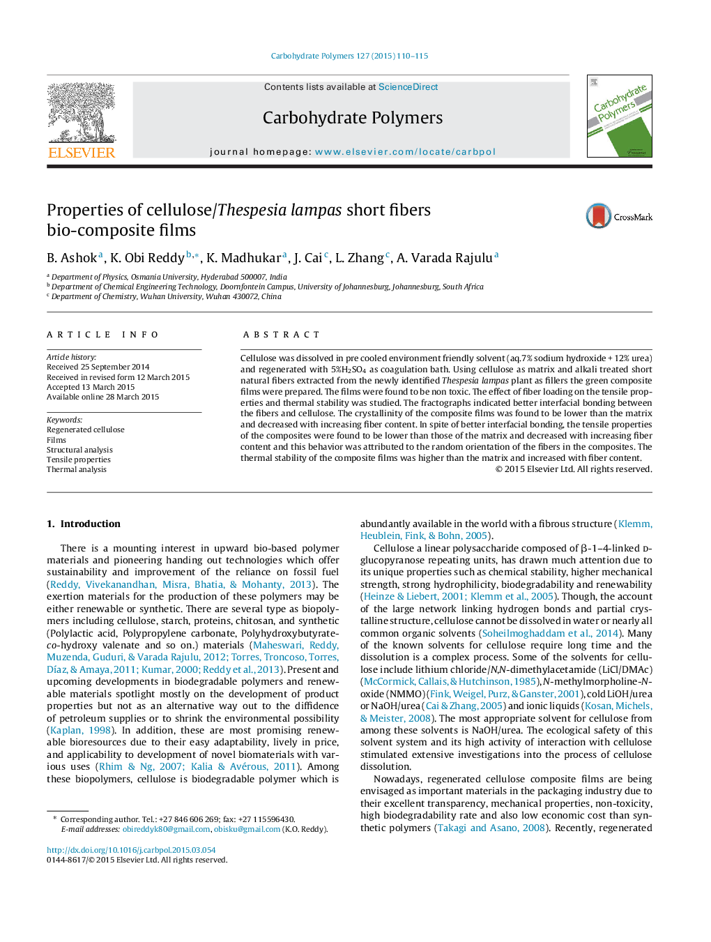 Properties of cellulose/Thespesia lampas short fibers bio-composite films