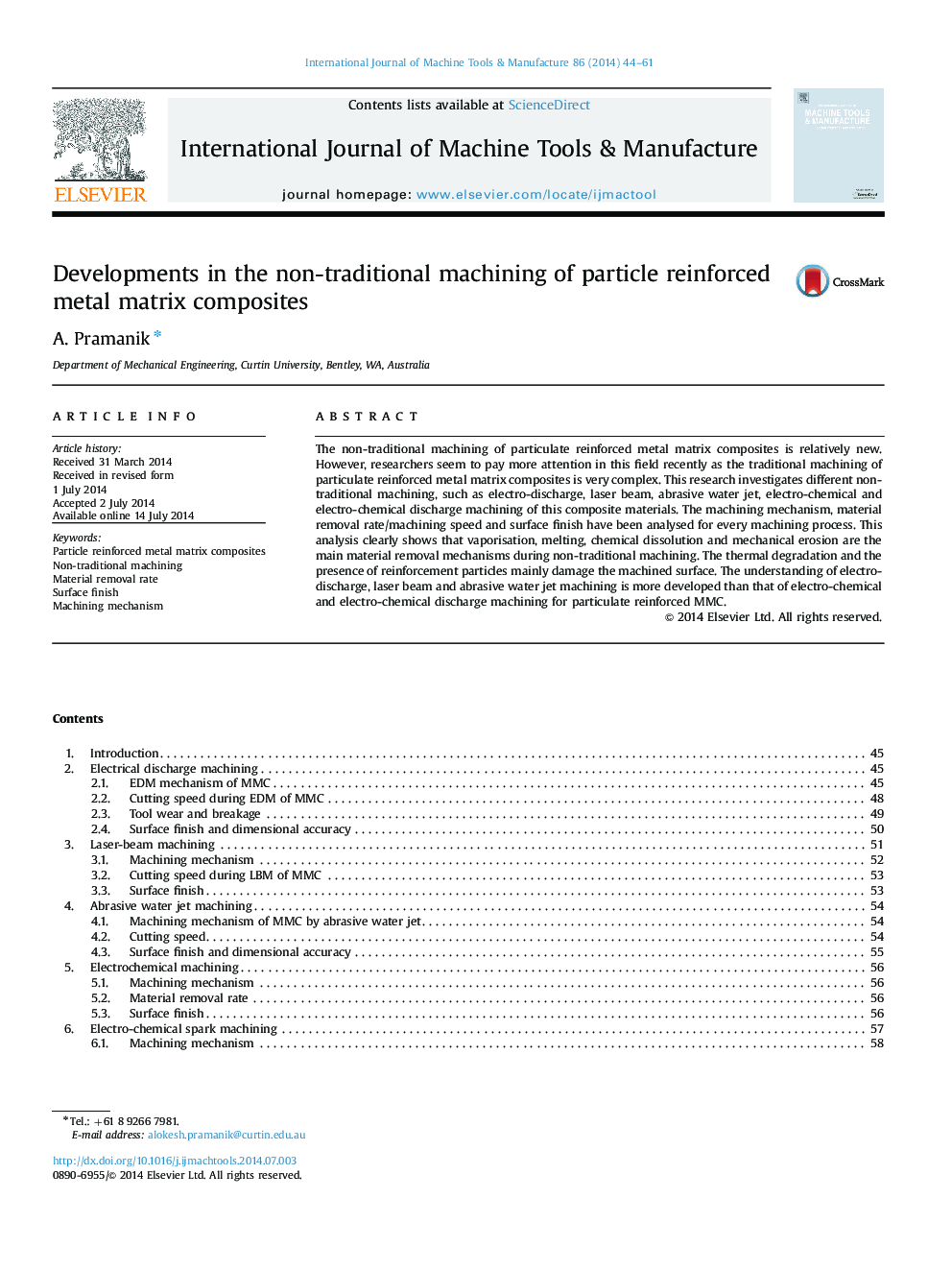 Developments in the non-traditional machining of particle reinforced metal matrix composites