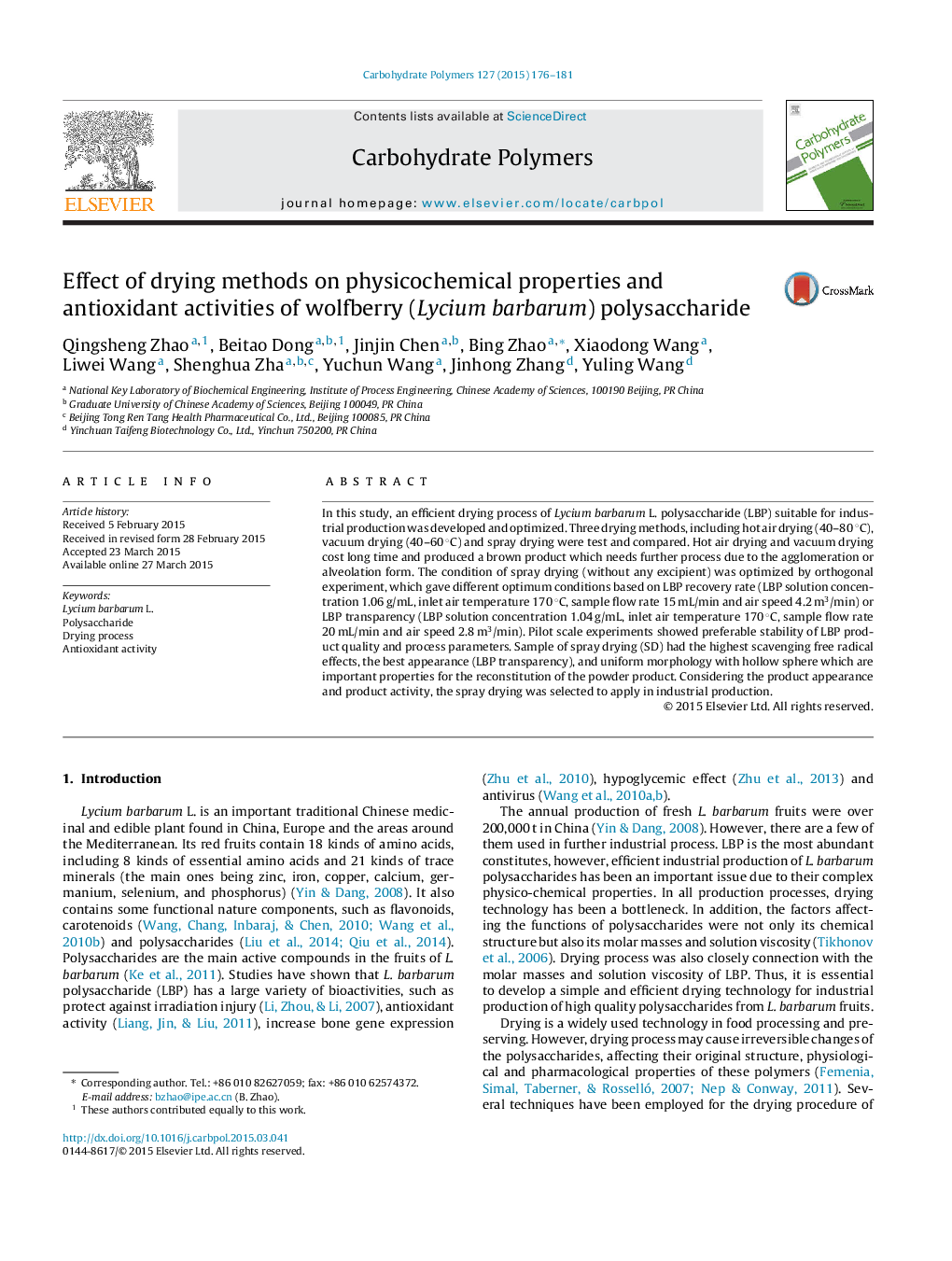 Effect of drying methods on physicochemical properties and antioxidant activities of wolfberry (Lycium barbarum) polysaccharide