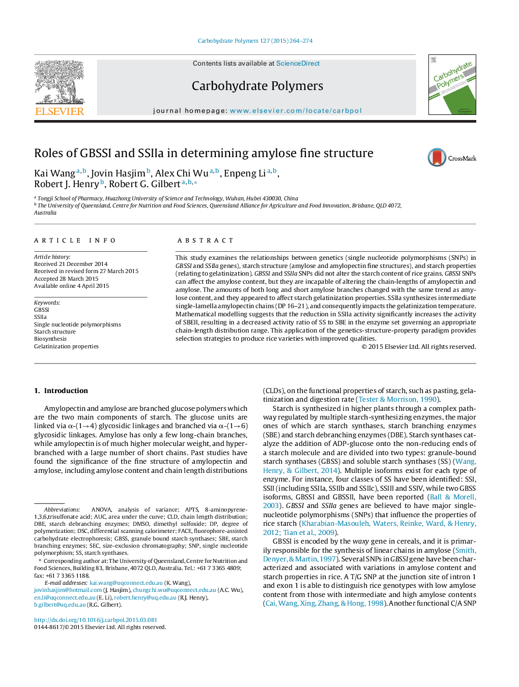 عکس صفحه اول مقاله: Roles of GBSSI and SSIIa in determining amylose fine structure Roles of GBSSI and SSIIa in determining amylose fine structure