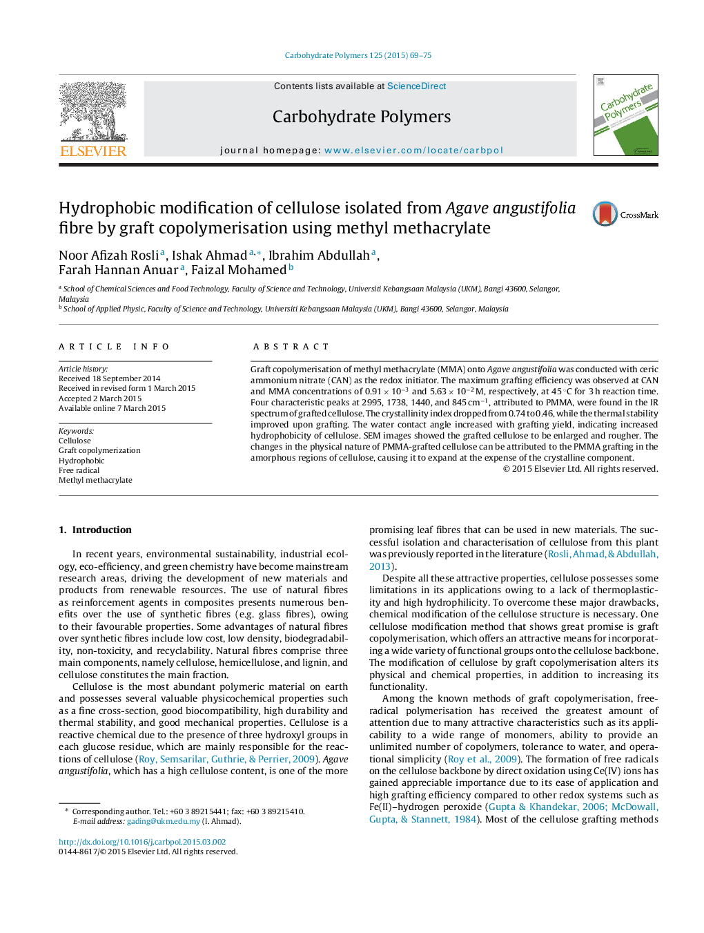 Hydrophobic modification of cellulose isolated from Agave angustifolia fibre by graft copolymerisation using methyl methacrylate