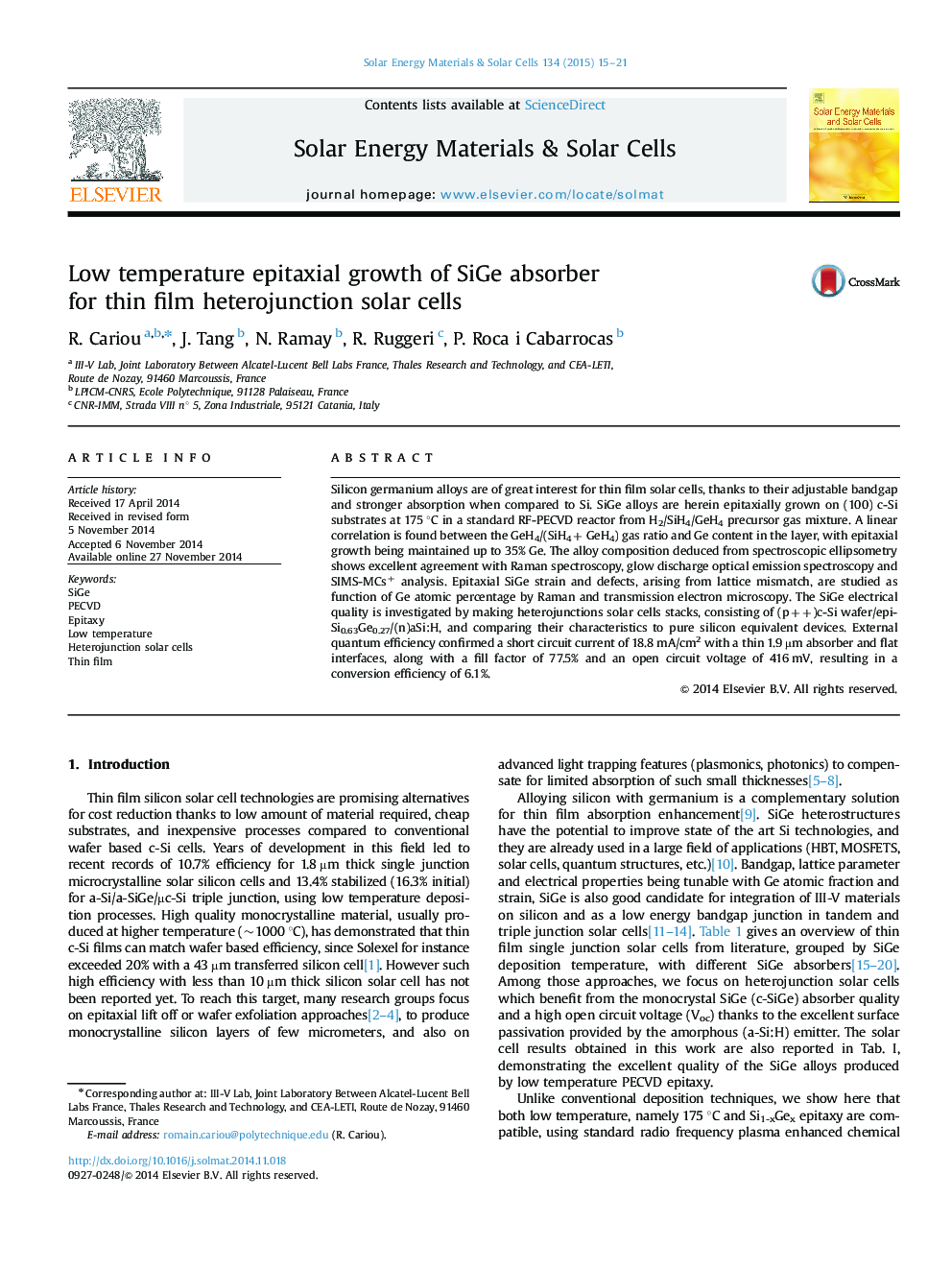 Low temperature epitaxial growth of SiGe absorber for thin film heterojunction solar cells