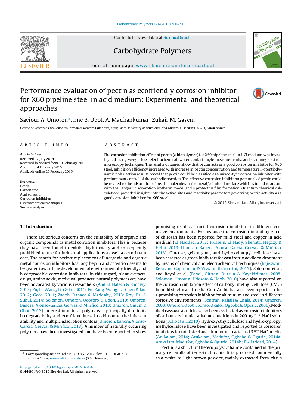 Performance evaluation of pectin as ecofriendly corrosion inhibitor for X60 pipeline steel in acid medium: Experimental and theoretical approaches