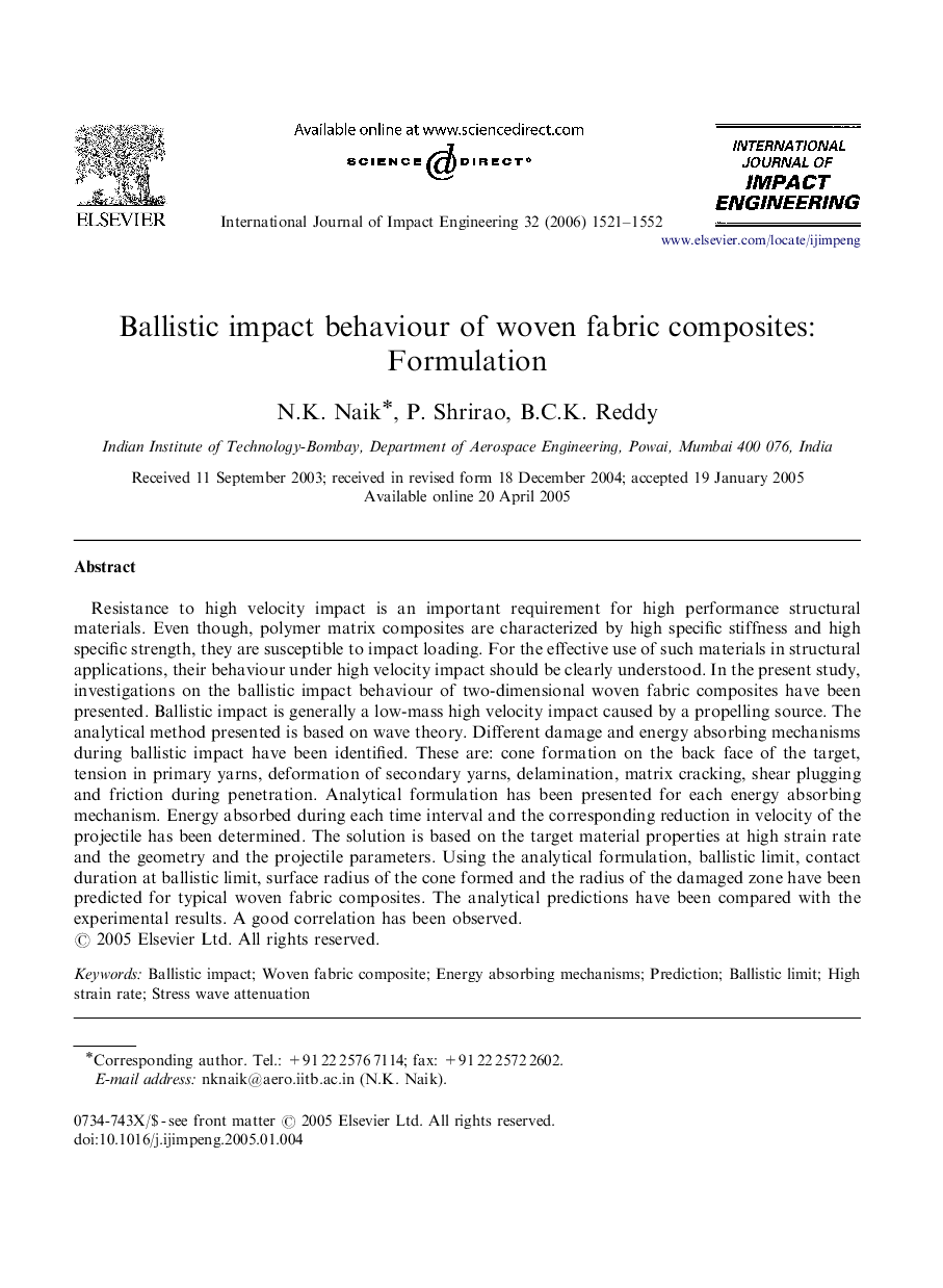 Ballistic impact behaviour of woven fabric composites: Formulation