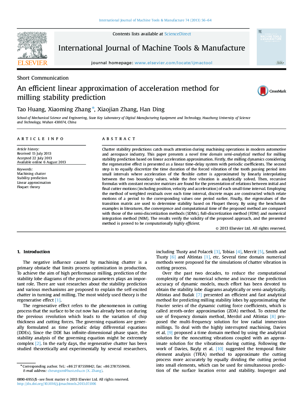 عکس صفحه اول مقاله: An efficient linear approximation of acceleration method for milling stability prediction An efficient linear approximation of acceleration method for milling stability prediction