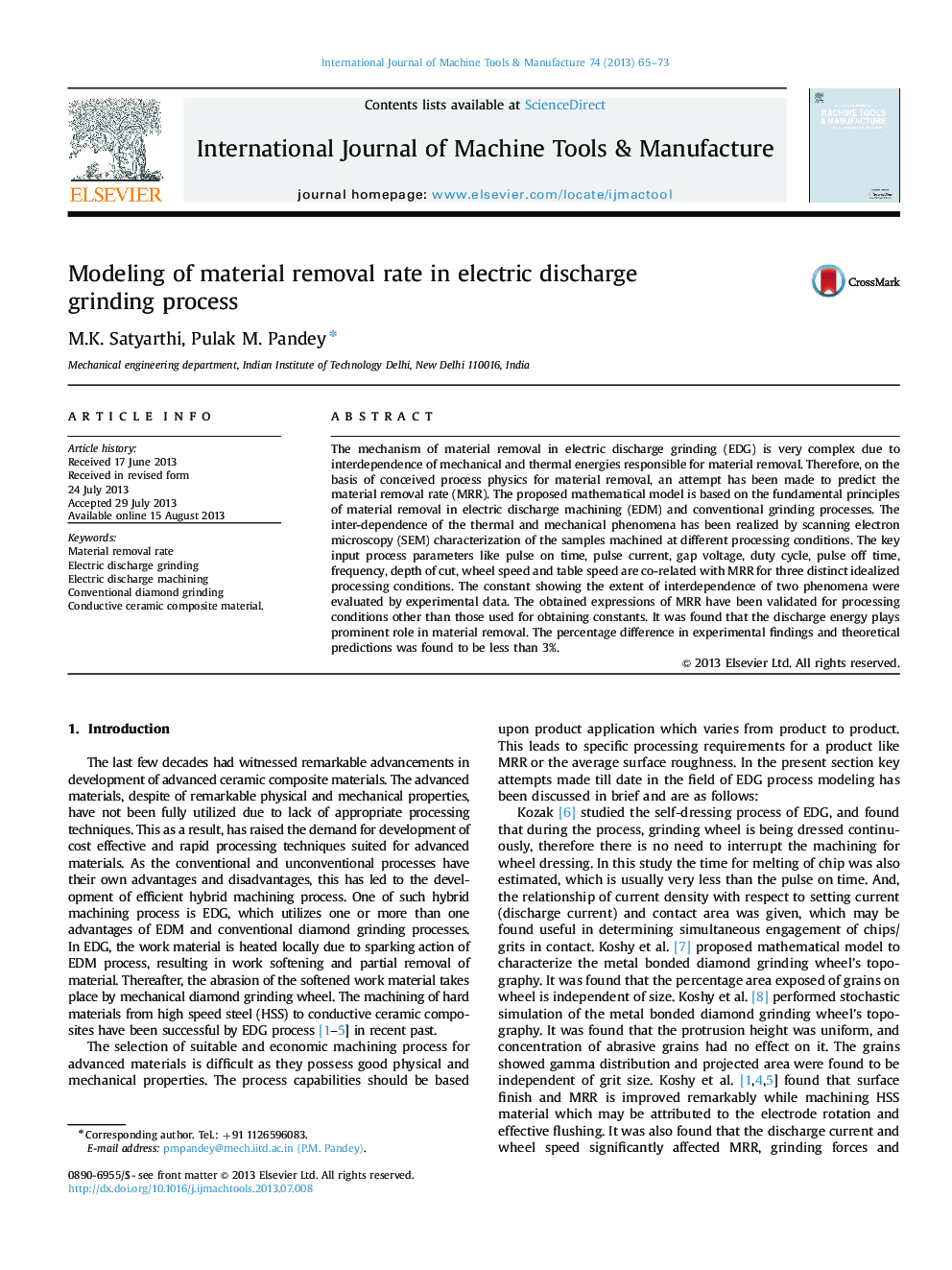 عکس صفحه اول مقاله: Modeling of material removal rate in electric discharge grinding process Modeling of material removal rate in electric discharge grinding process
