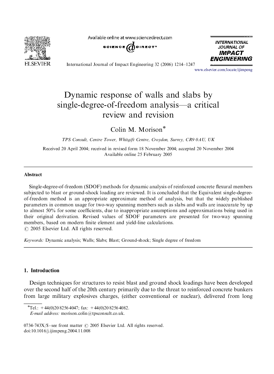 Dynamic response of walls and slabs by single-degree-of-freedom analysis—a critical review and revision