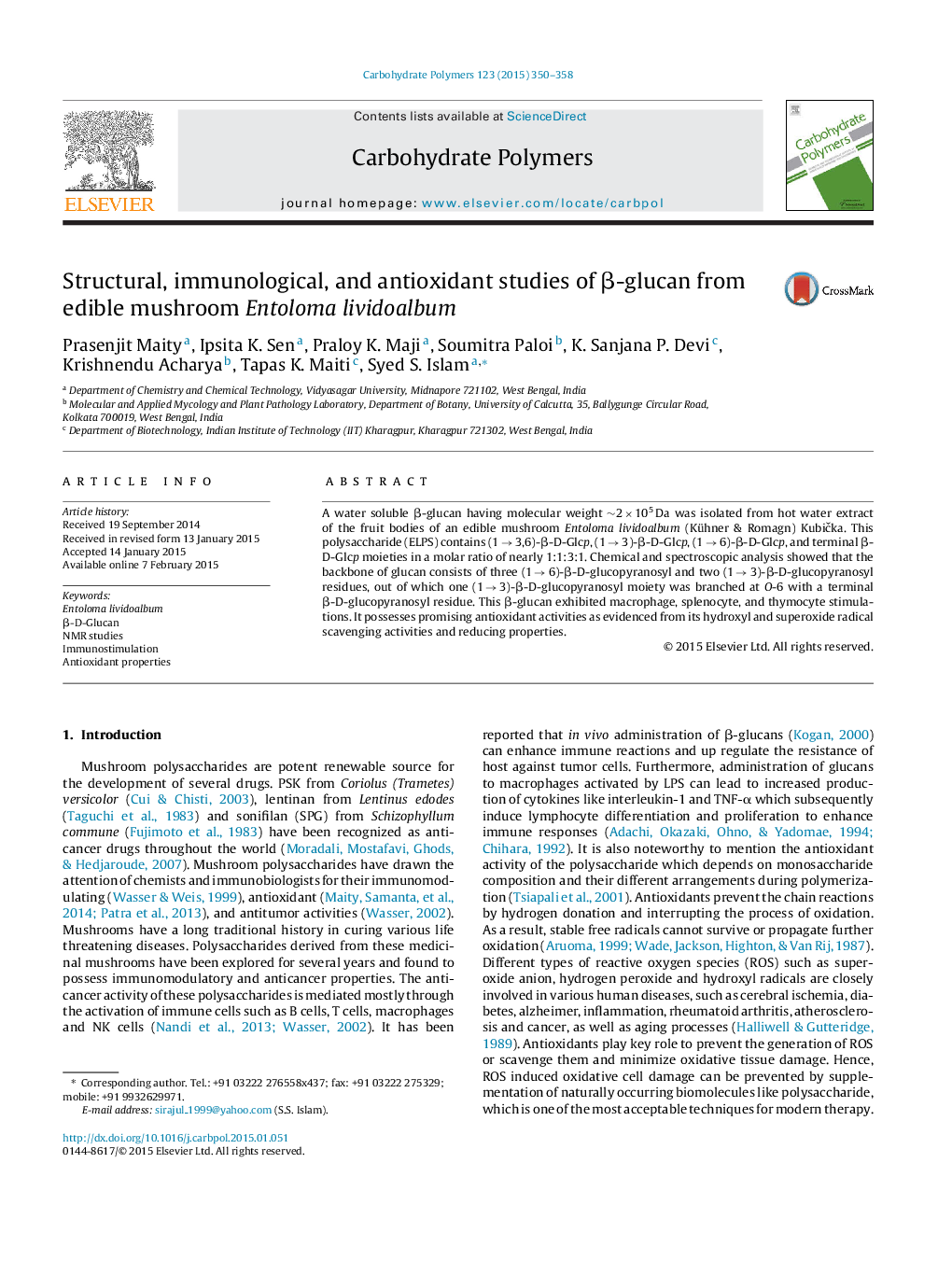 Structural, immunological, and antioxidant studies of Î²-glucan from edible mushroom Entoloma lividoalbum