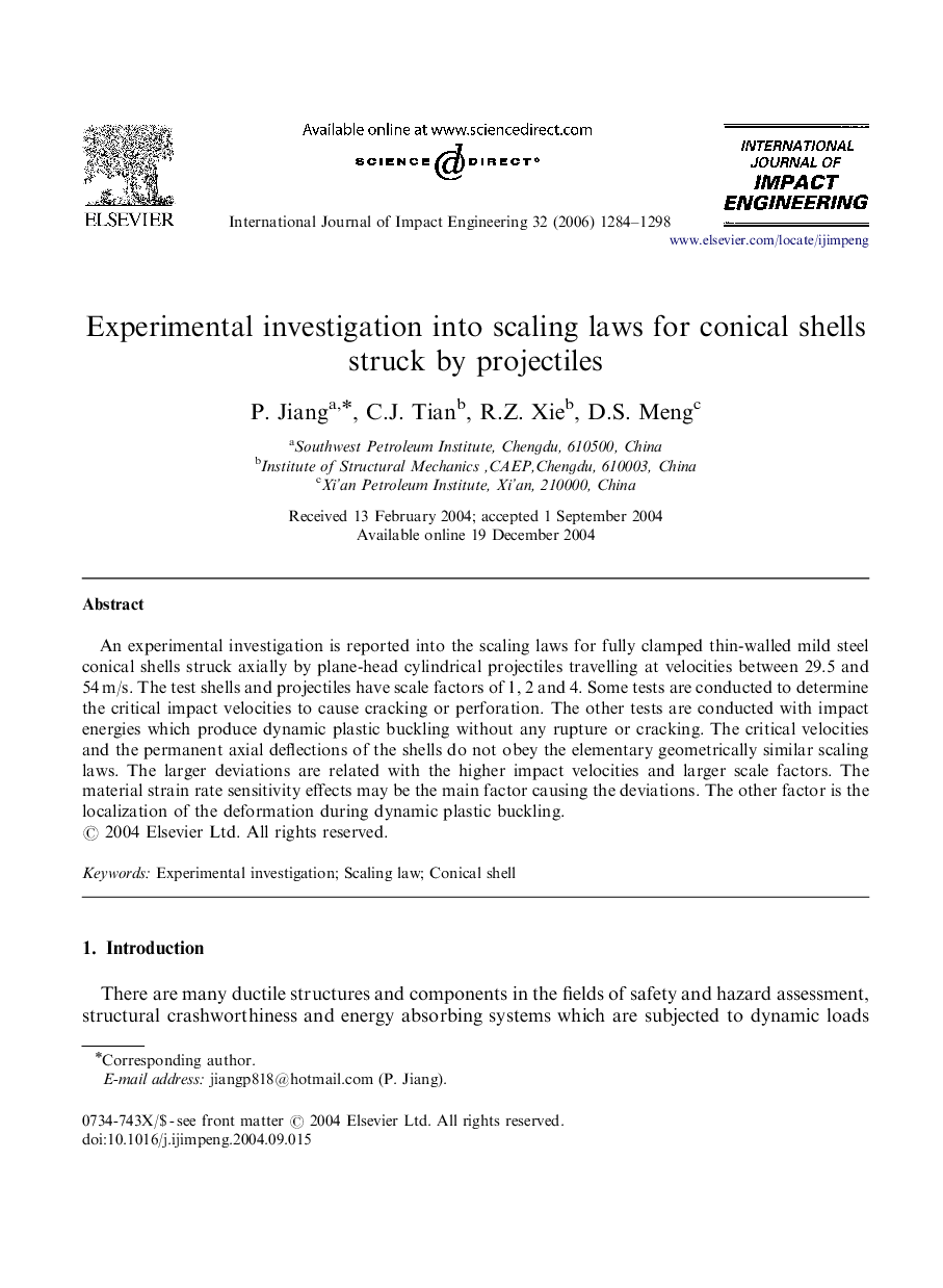 Experimental investigation into scaling laws for conical shells struck by projectiles