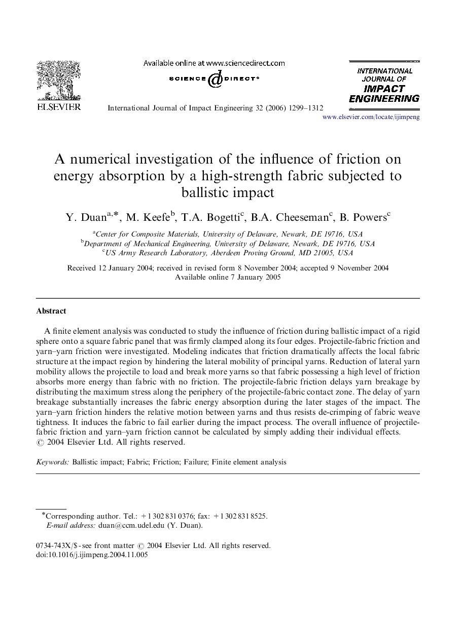 A numerical investigation of the influence of friction on energy absorption by a high-strength fabric subjected to ballistic impact