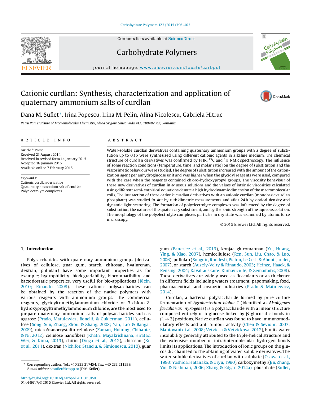 Cationic curdlan: Synthesis, characterization and application of quaternary ammonium salts of curdlan