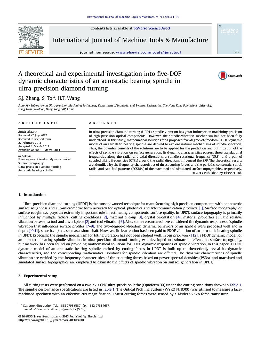 A theoretical and experimental investigation into five-DOF dynamic characteristics of an aerostatic bearing spindle in ultra-precision diamond turning