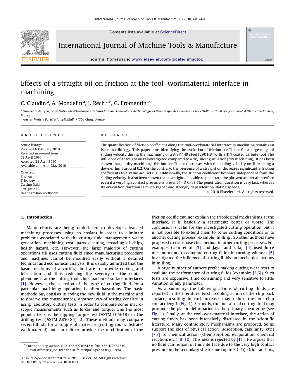 Effects of a straight oil on friction at the tool–workmaterial interface in machining