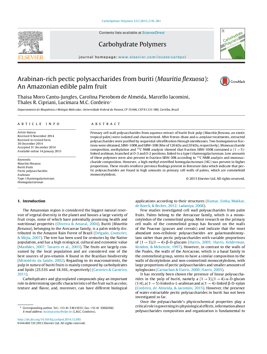 Arabinan-rich pectic polysaccharides from buriti (Mauritia flexuosa): An Amazonian edible palm fruit