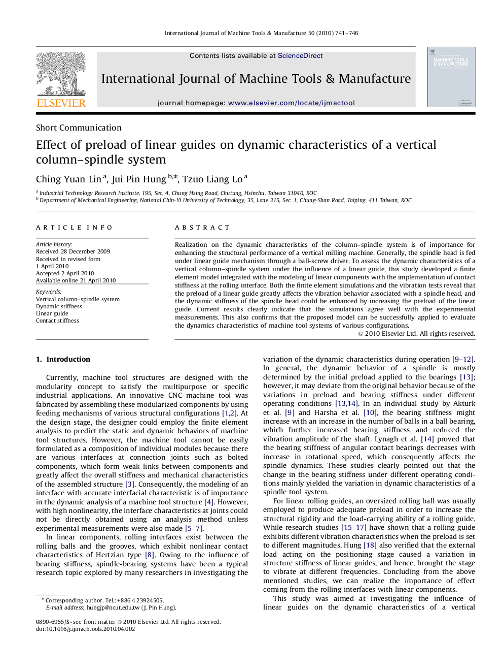 Effect of preload of linear guides on dynamic characteristics of a vertical column–spindle system