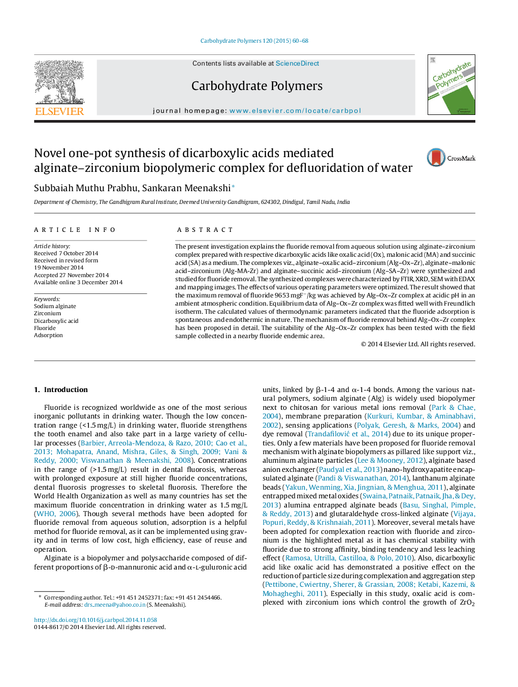 Novel one-pot synthesis of dicarboxylic acids mediated alginate-zirconium biopolymeric complex for defluoridation of water