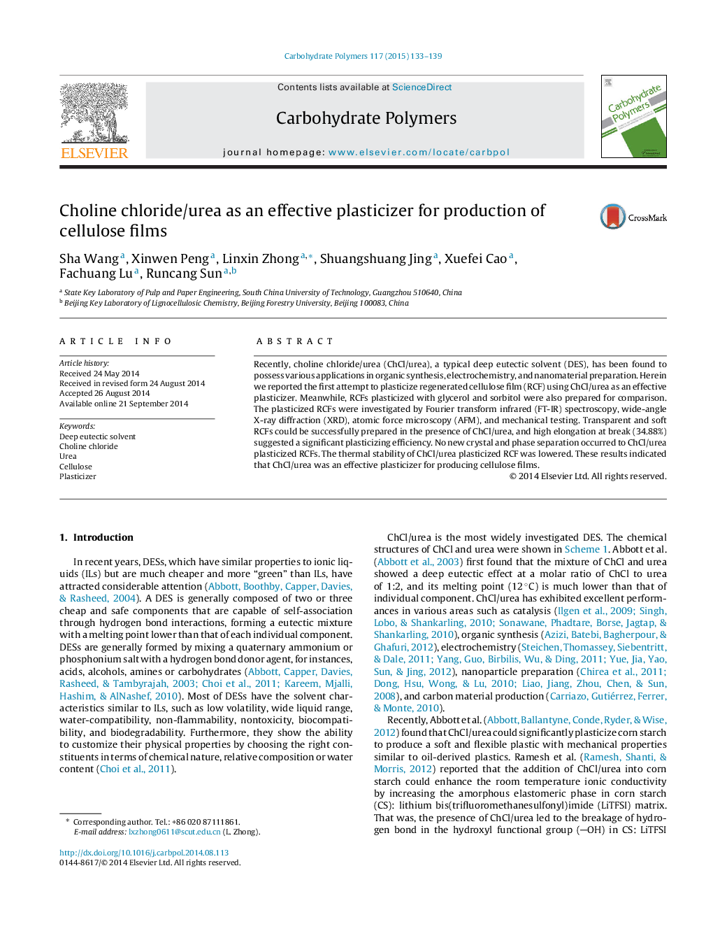 Choline chloride/urea as an effective plasticizer for production of cellulose films