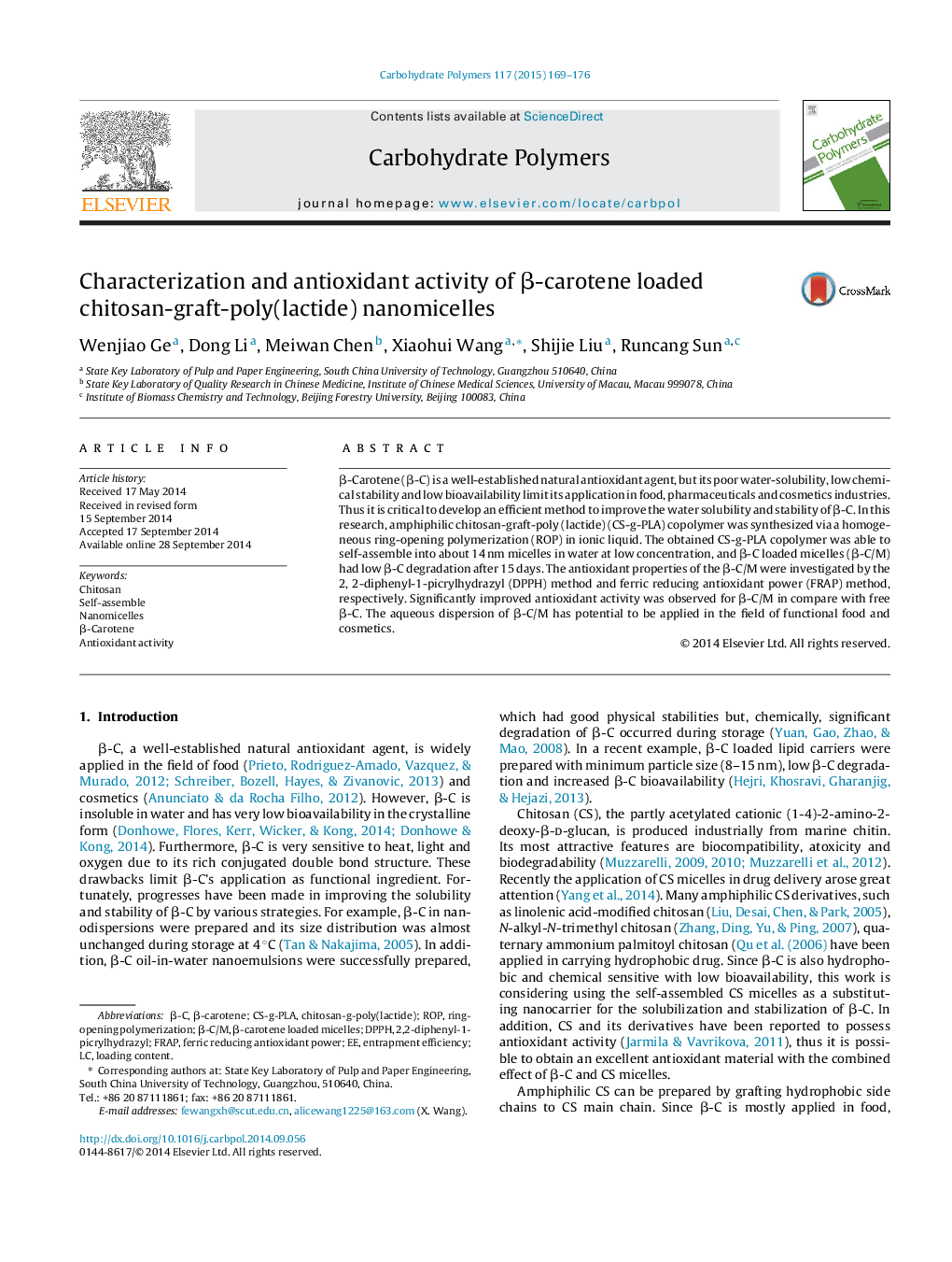 Characterization and antioxidant activity of Î²-carotene loaded chitosan-graft-poly(lactide) nanomicelles