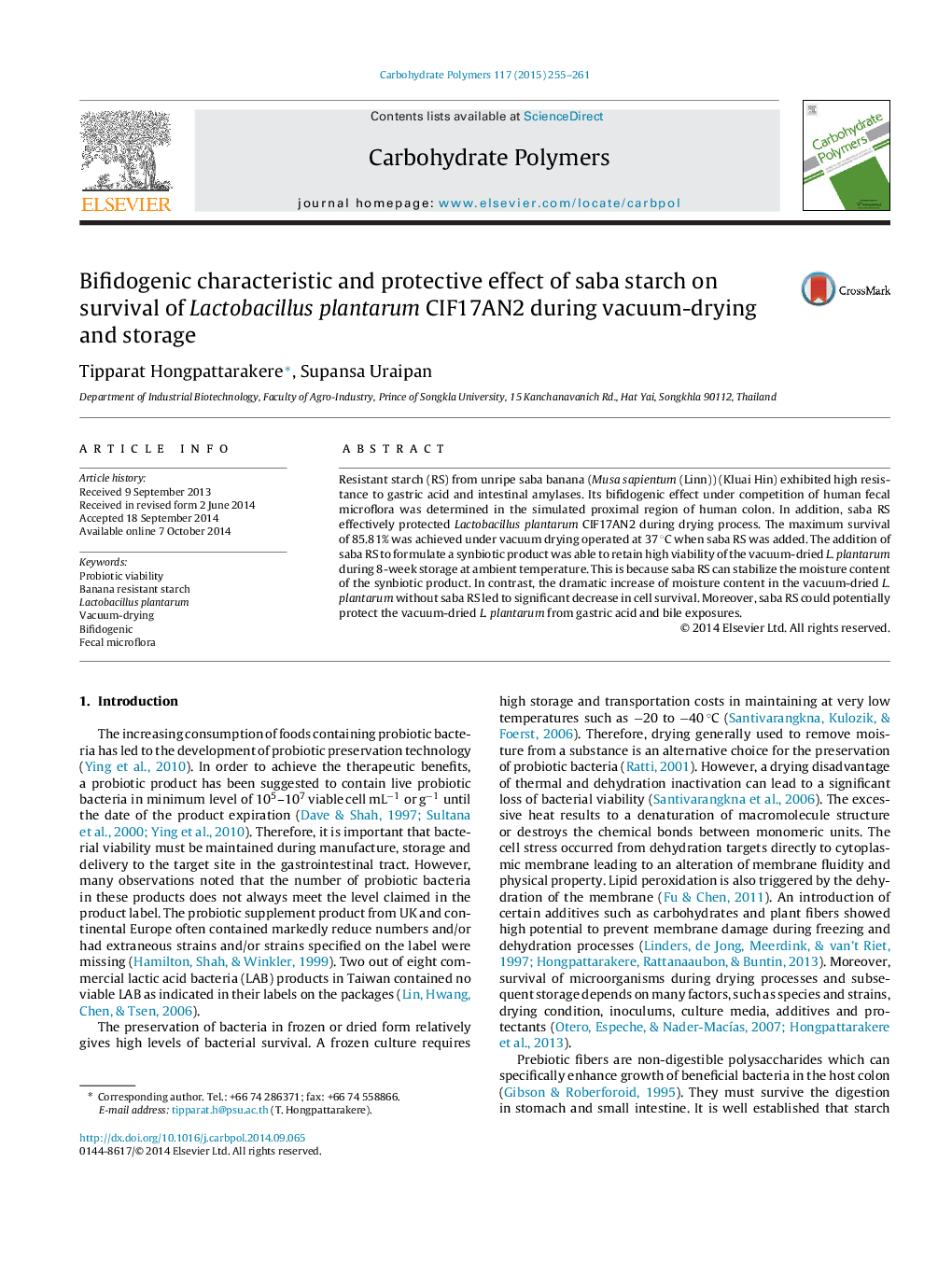 Bifidogenic characteristic and protective effect of saba starch on survival of Lactobacillus plantarum CIF17AN2 during vacuum-drying and storage