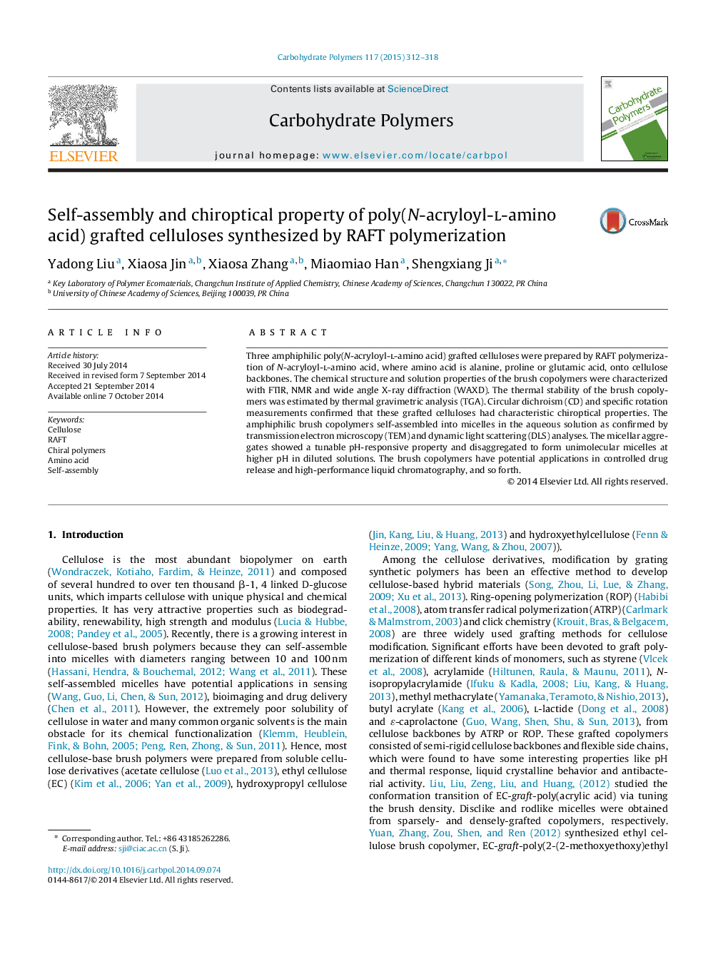 Self-assembly and chiroptical property of poly(N-acryloyl-l-amino acid) grafted celluloses synthesized by RAFT polymerization