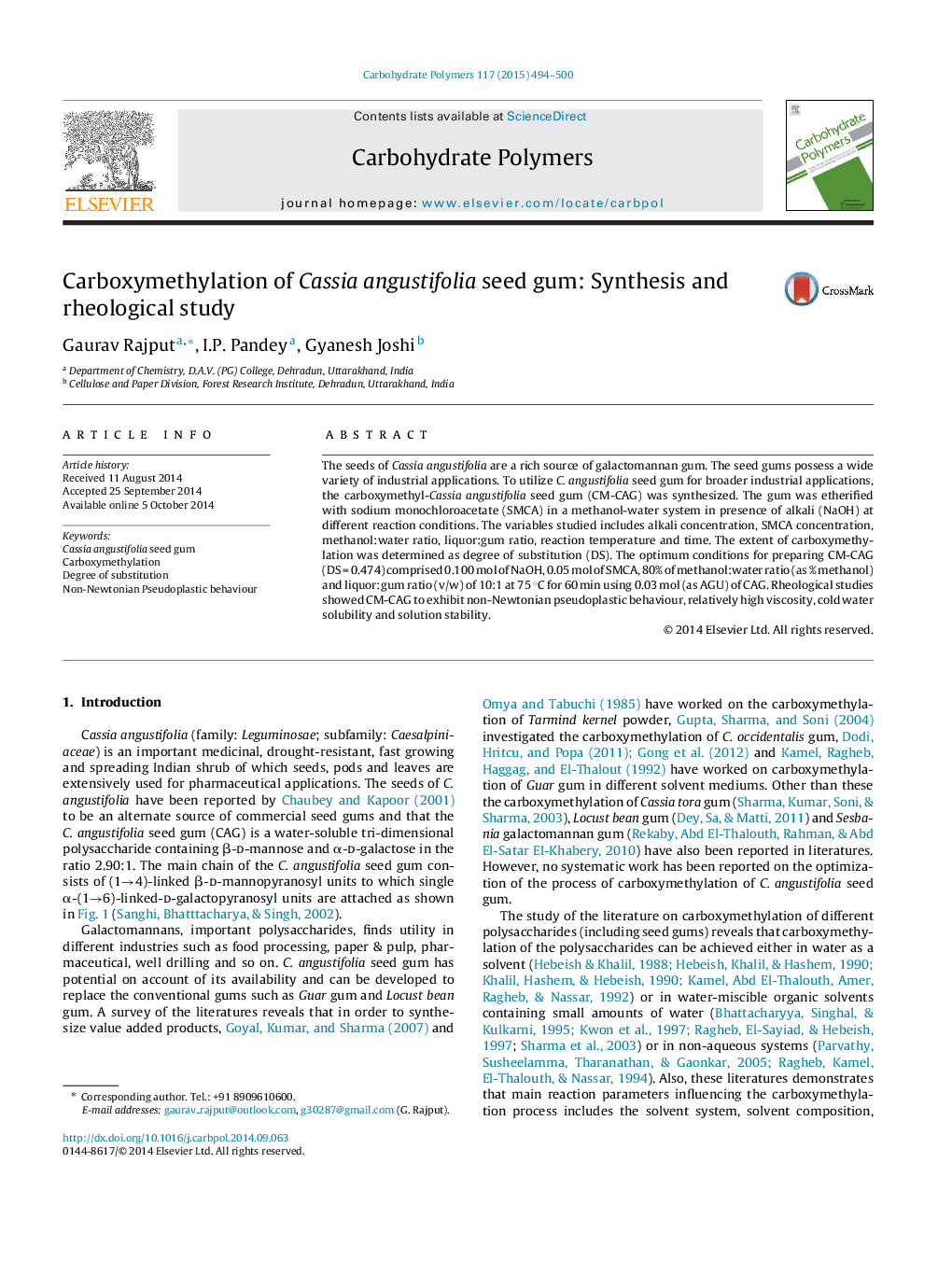 Carboxymethylation of Cassia angustifolia seed gum: Synthesis and rheological study