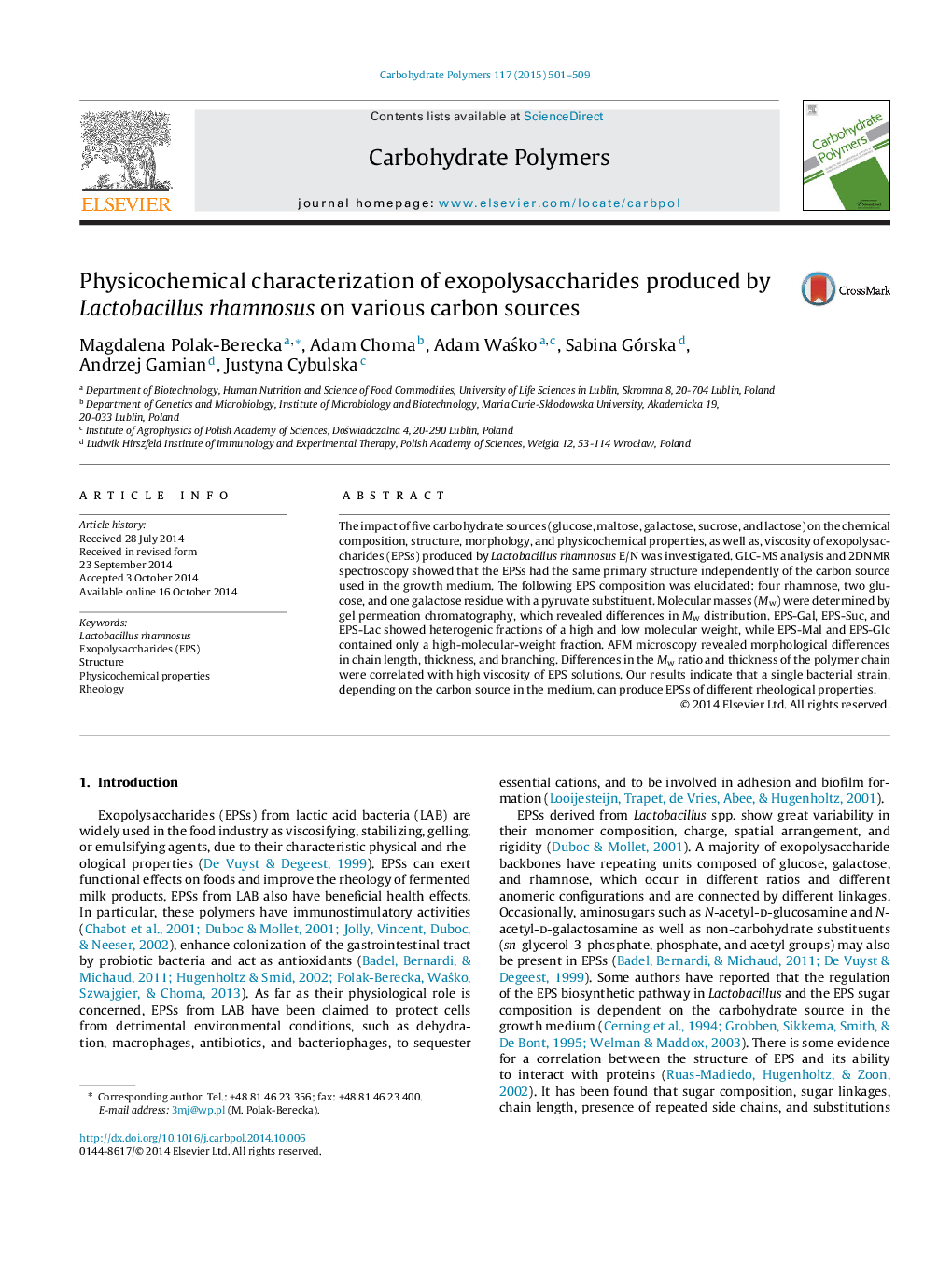 Physicochemical characterization of exopolysaccharides produced by Lactobacillus rhamnosus on various carbon sources