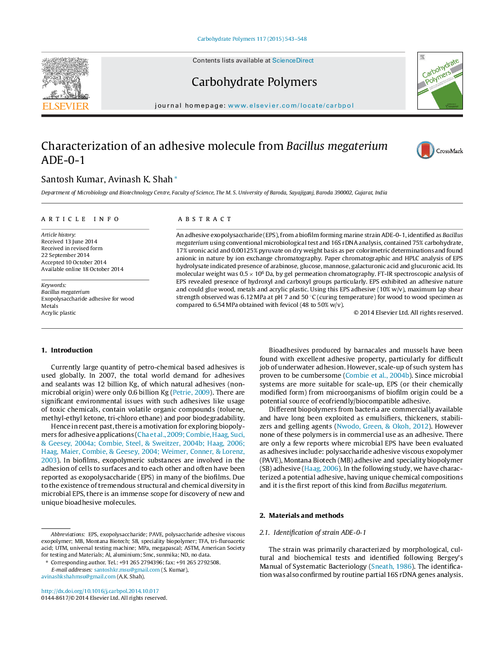 Characterization of an adhesive molecule from Bacillus megaterium ADE-0-1