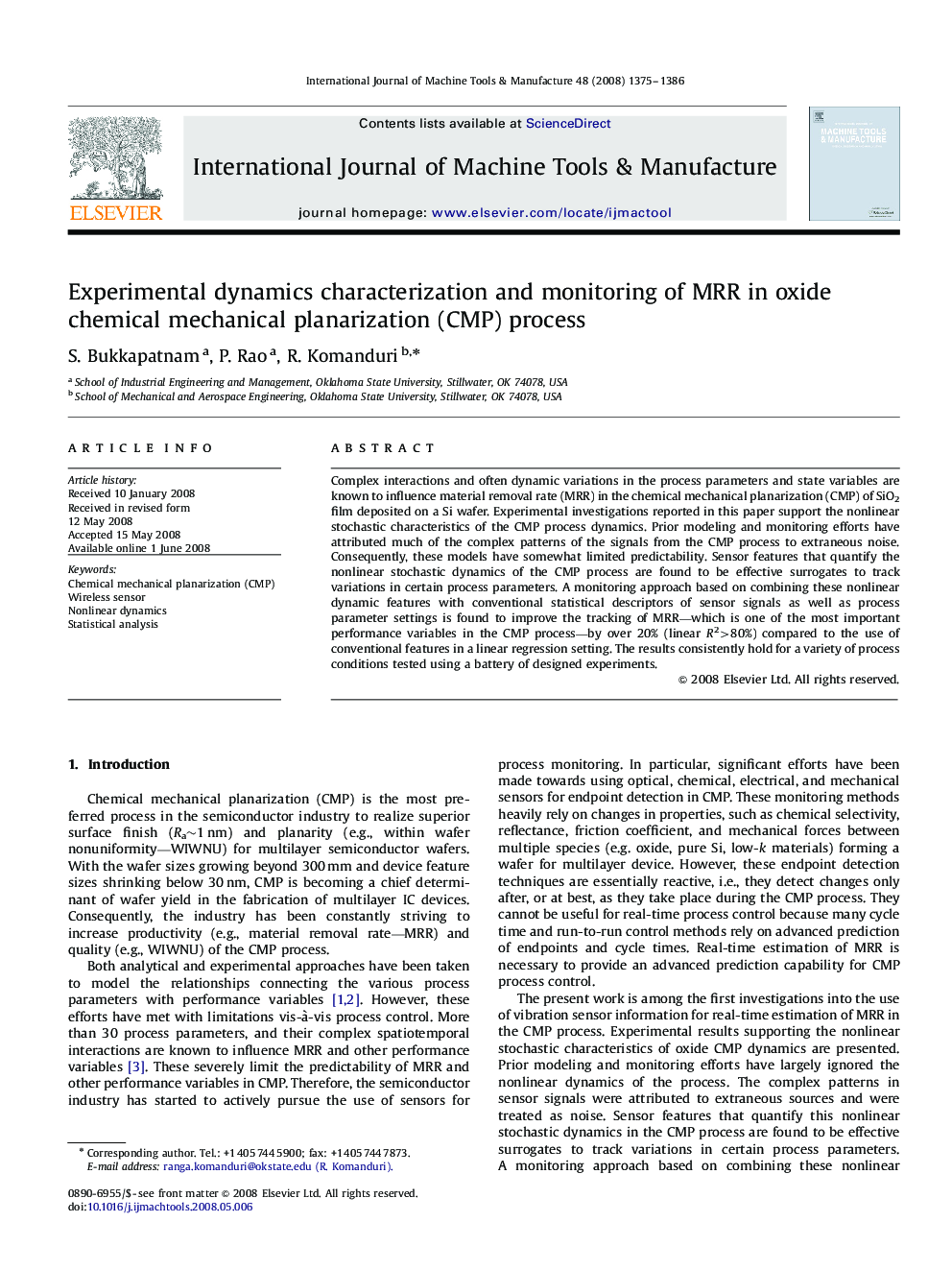 Experimental dynamics characterization and monitoring of MRR in oxide chemical mechanical planarization (CMP) process