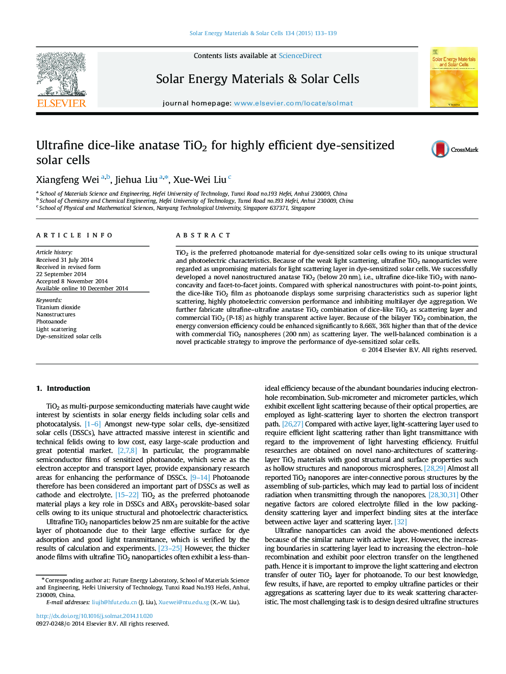 Ultrafine dice-like anatase TiO2 for highly efficient dye-sensitized solar cells