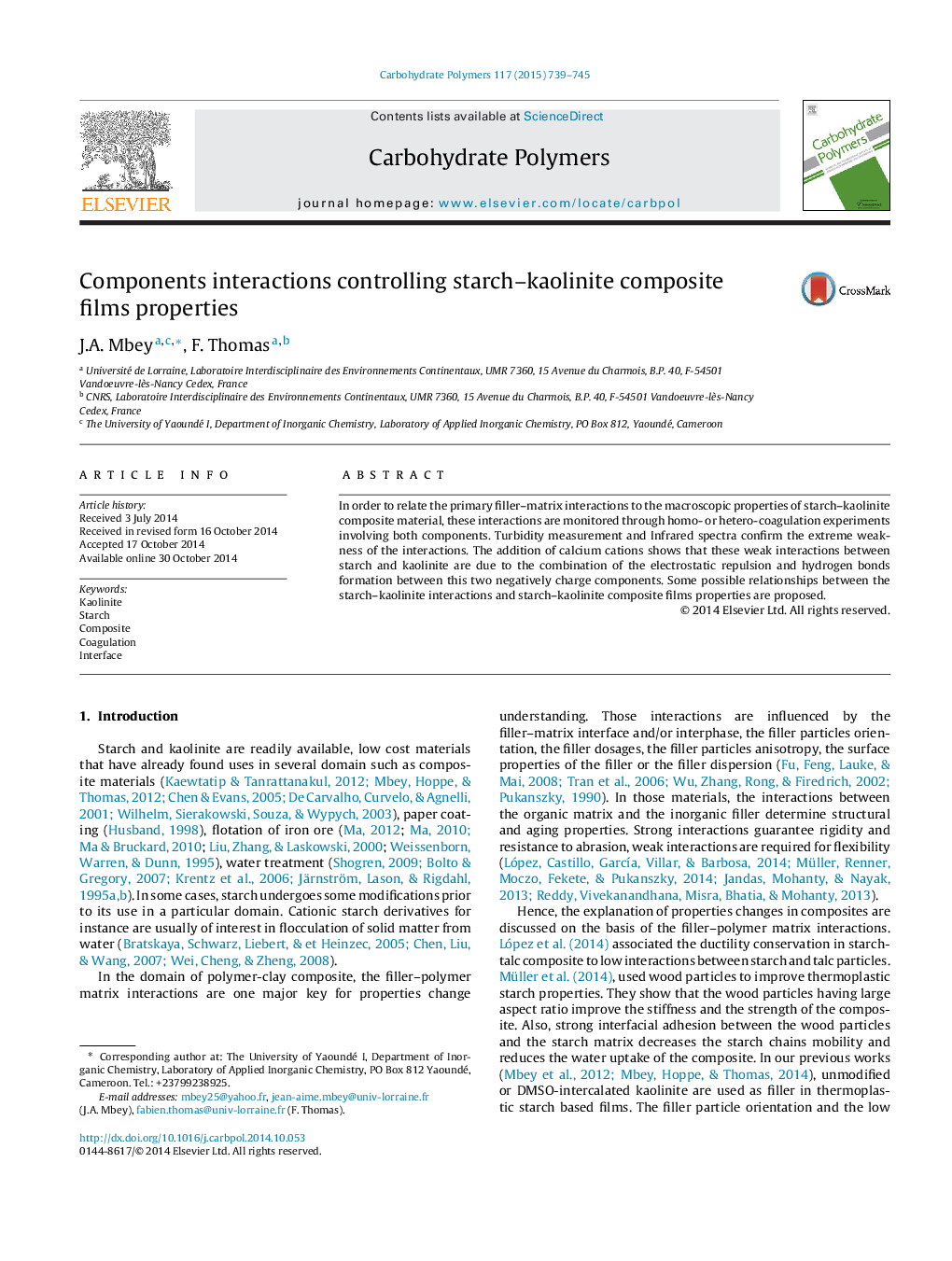 Components interactions controlling starch-kaolinite composite films properties