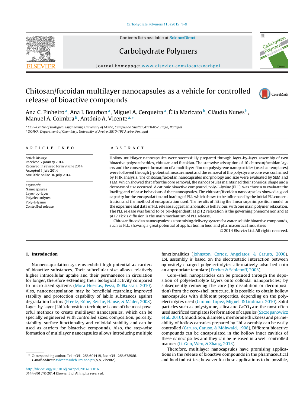 نانوکپسول های چند لایه کیتوزان / فوکودین به عنوان وسیله ای برای آزادی کنترل ترکیبات زیست فعال 