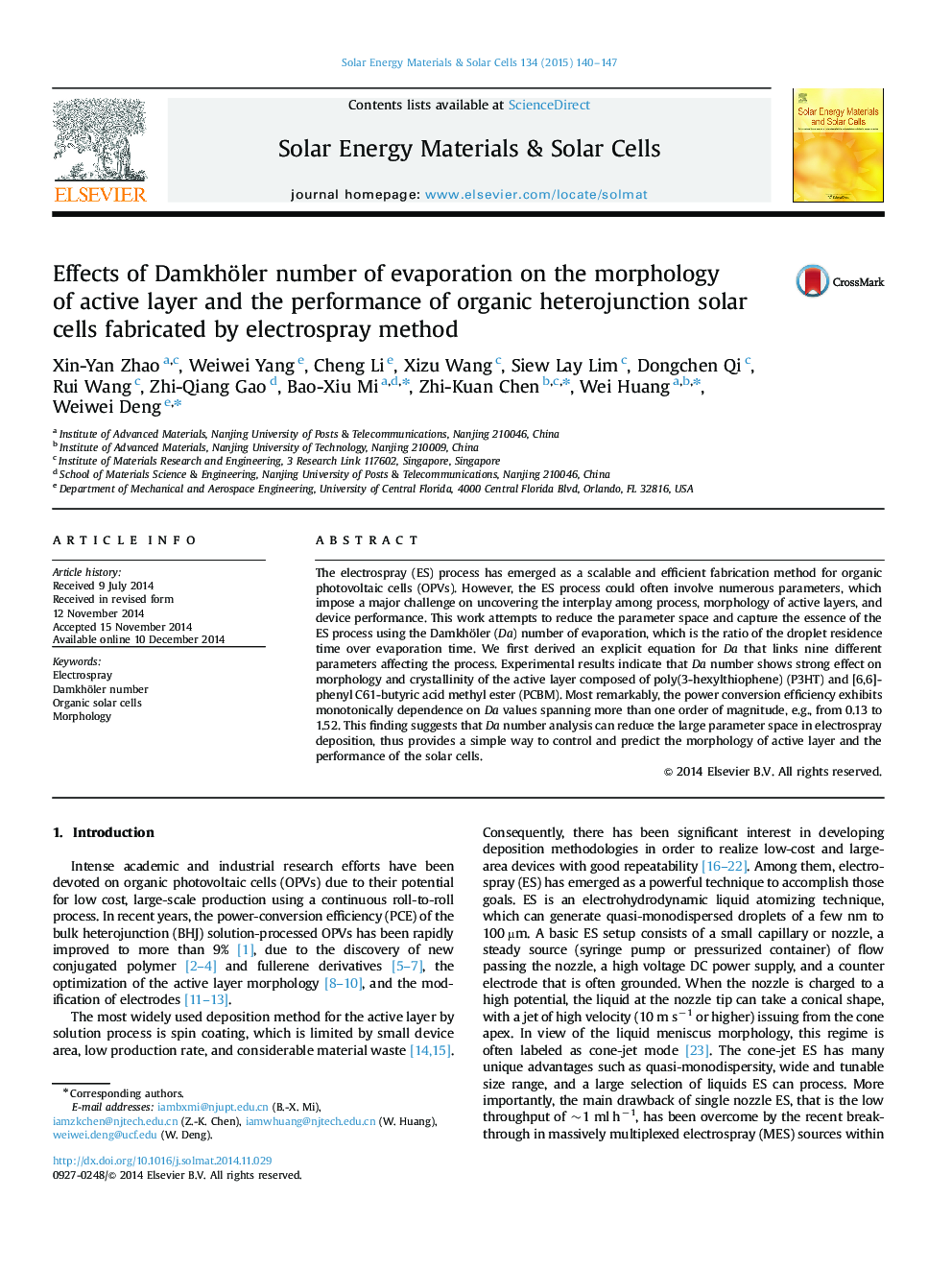 Effects of Damkhöler number of evaporation on the morphology of active layer and the performance of organic heterojunction solar cells fabricated by electrospray method