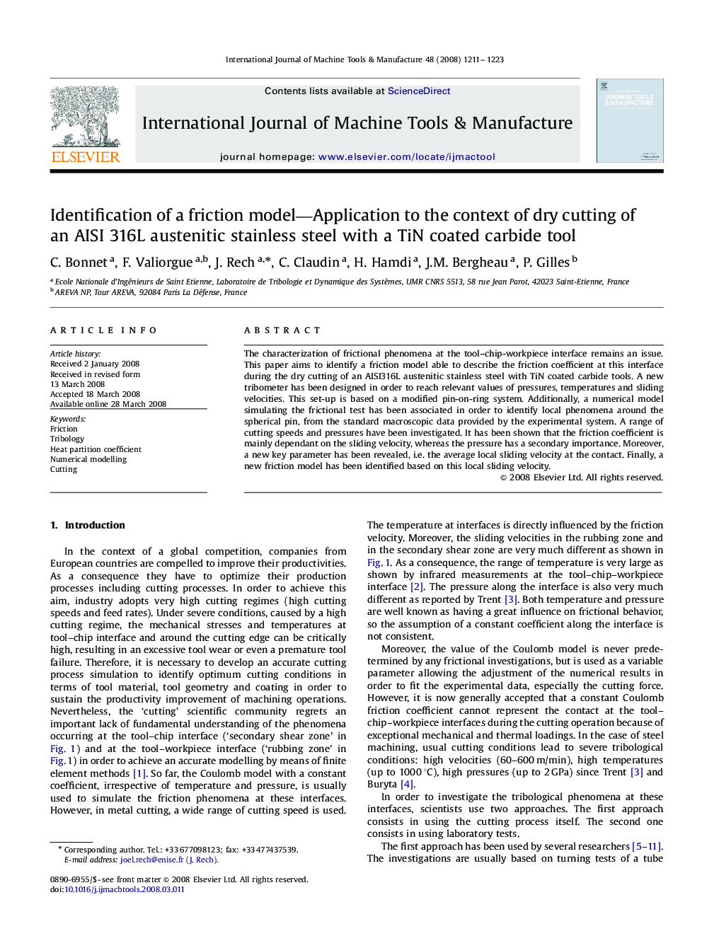 Identification of a friction model—Application to the context of dry cutting of an AISI 316L austenitic stainless steel with a TiN coated carbide tool