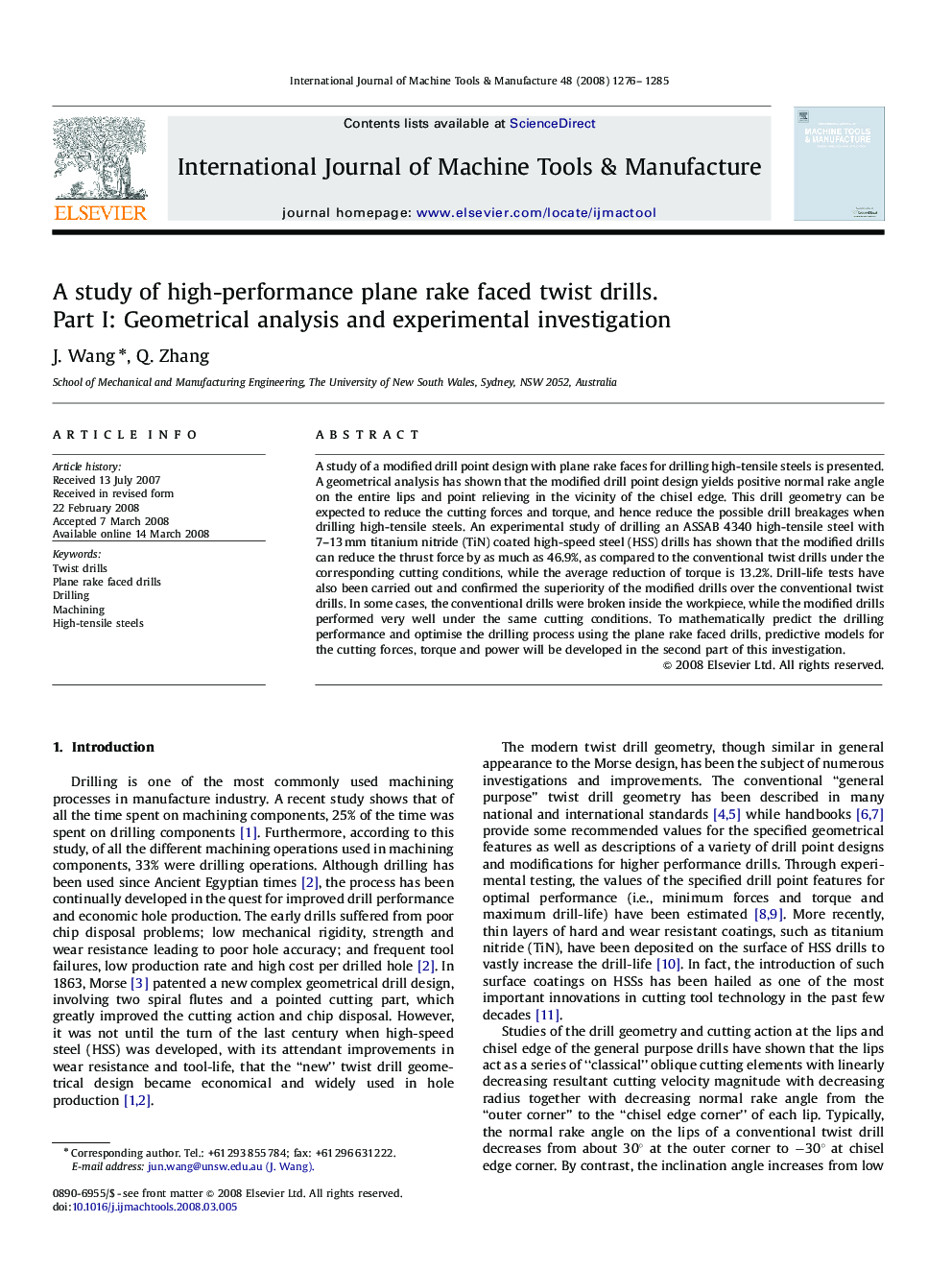 A study of high-performance plane rake faced twist drills.: Part I: Geometrical analysis and experimental investigation