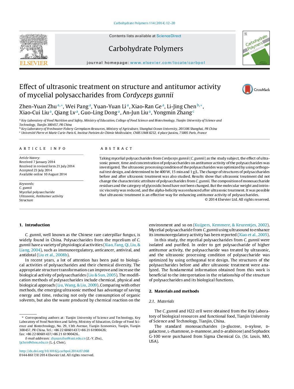 Effect of ultrasonic treatment on structure and antitumor activity of mycelial polysaccharides from Cordyceps gunnii