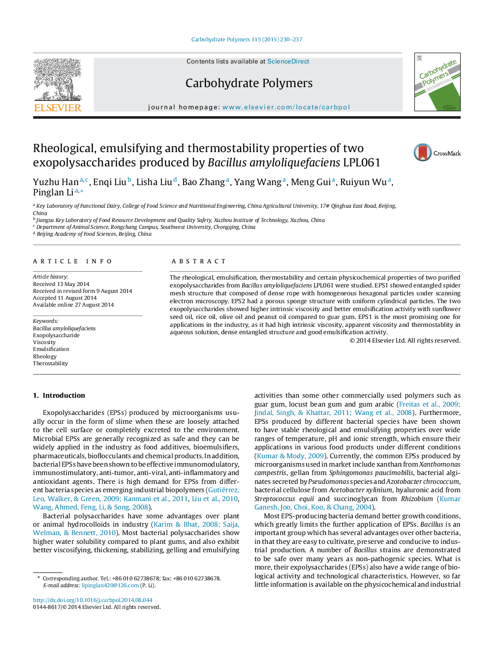 Rheological, emulsifying and thermostability properties of two exopolysaccharides produced by Bacillus amyloliquefaciens LPL061