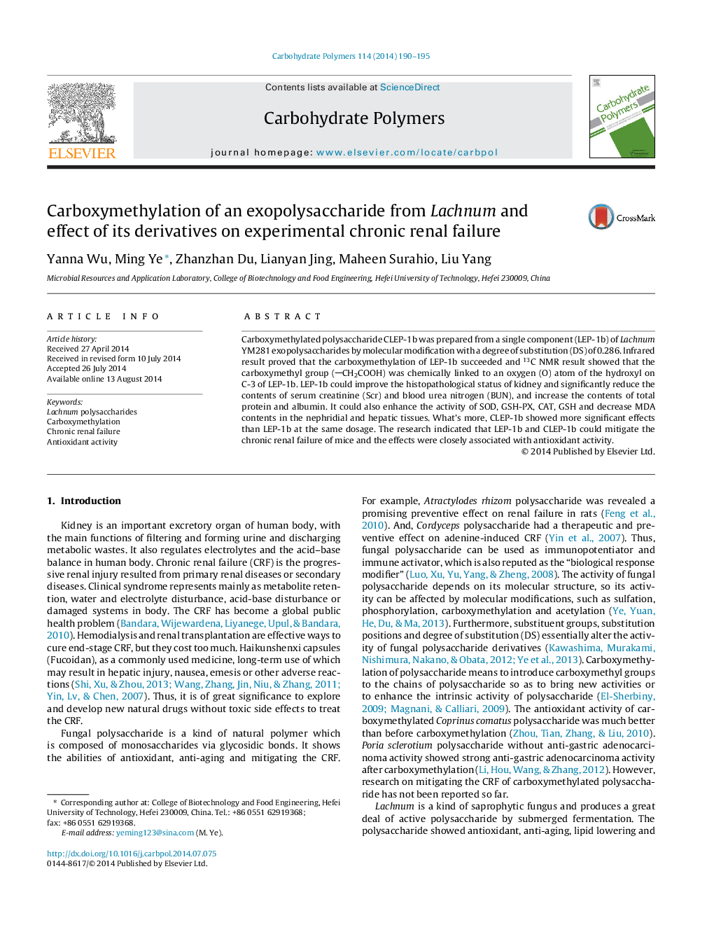 Carboxymethylation of an exopolysaccharide from Lachnum and effect of its derivatives on experimental chronic renal failure