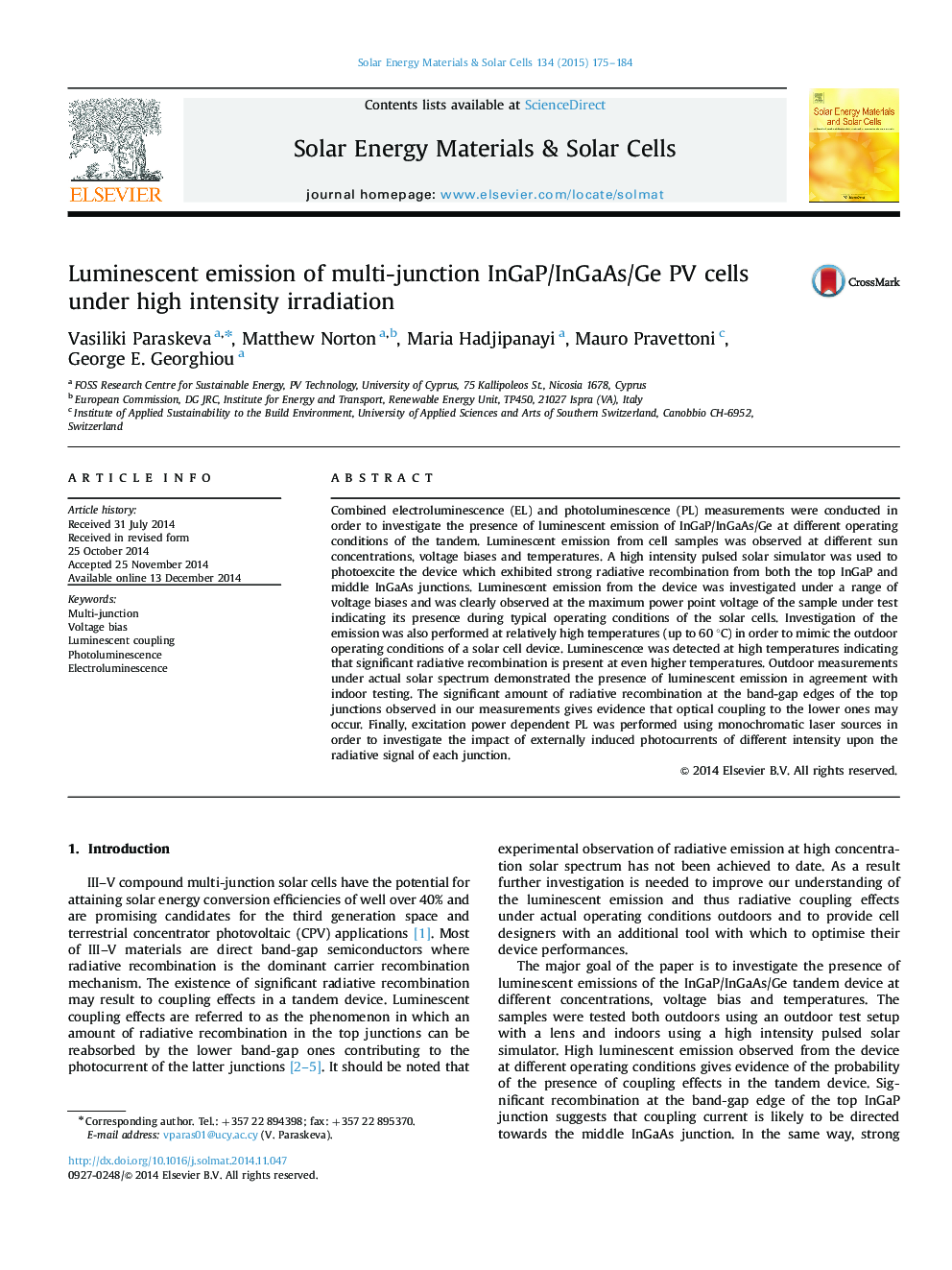 Luminescent emission of multi-junction InGaP/InGaAs/Ge PV cells under high intensity irradiation