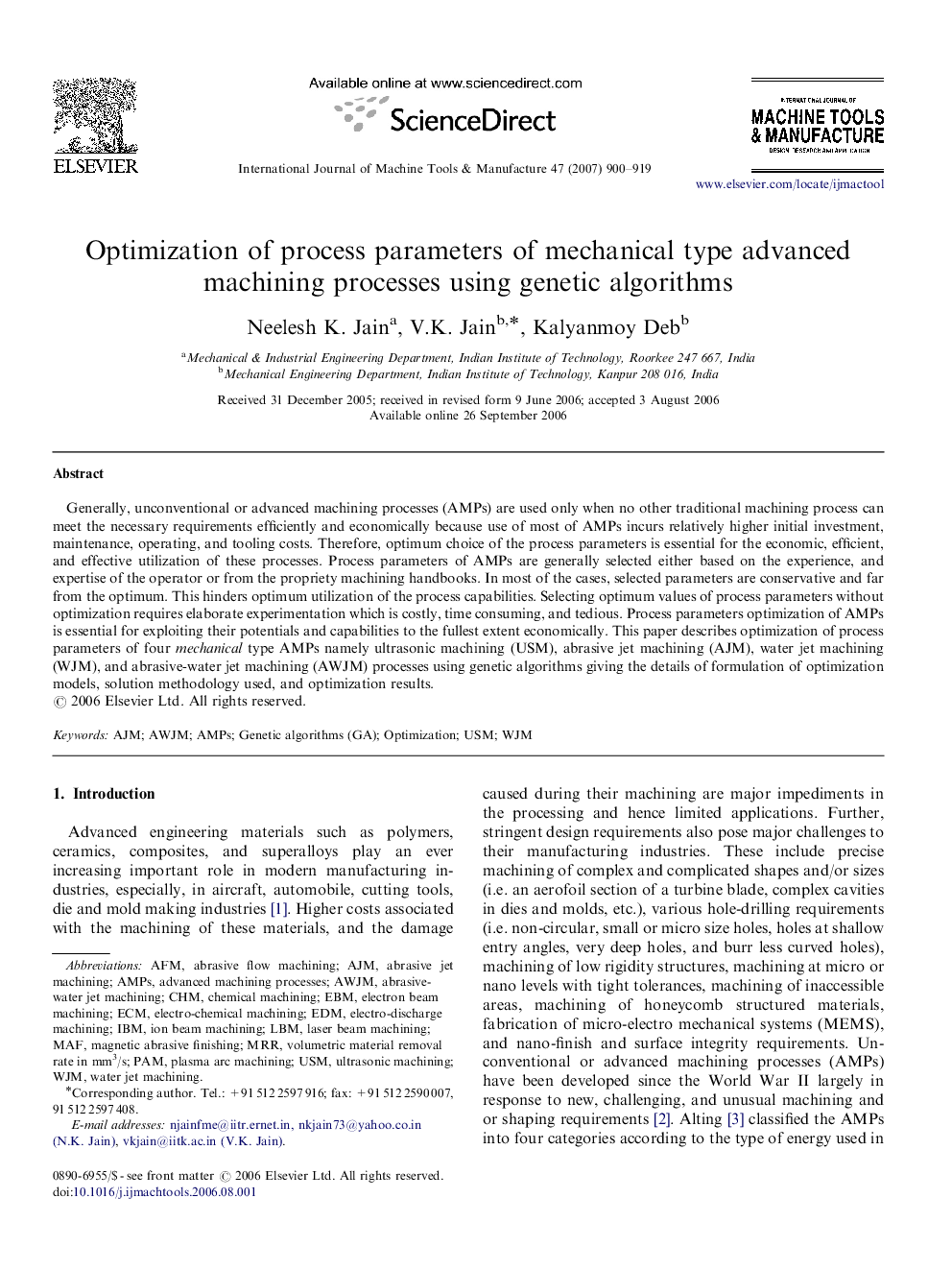 Optimization of process parameters of mechanical type advanced machining processes using genetic algorithms