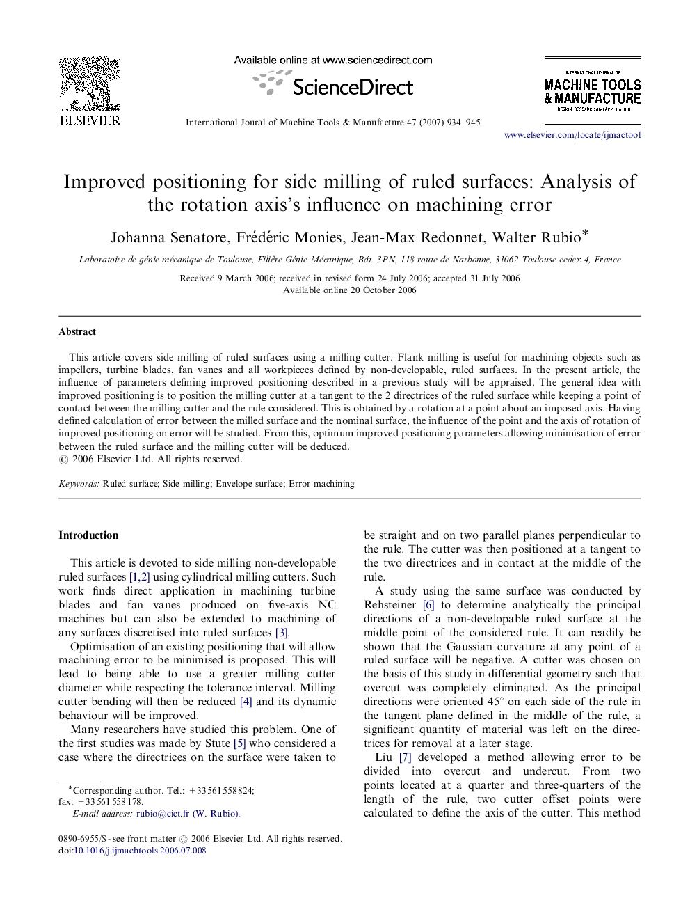 Improved positioning for side milling of ruled surfaces: Analysis of the rotation axis's influence on machining error